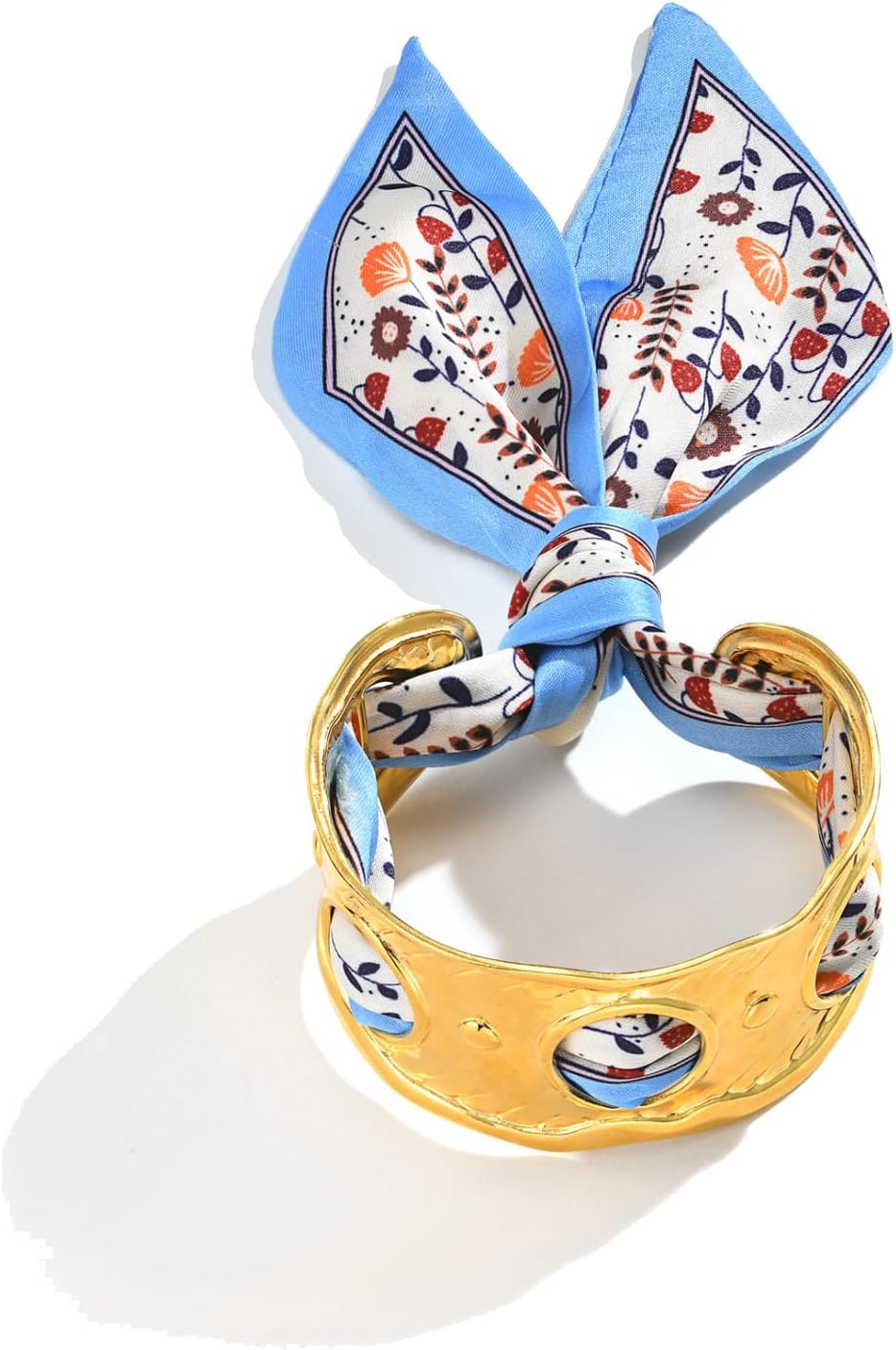 Women Trendy 2 in 1 Silk Scarf Wide Open Cuff Bangle Bracelet Set,18K Gold Plated Adjustable Scarf Cuff Bracelet, Stainless Steel Fashion Statement Wrist Cuff Wrap Jewelry Gifts