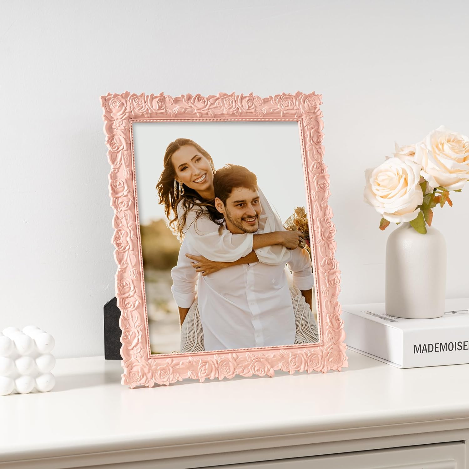 Axeman Vintage Pink Picture Frame 8x10 | 8 x 10 Antique Picture Frame with Real Glass | Ornate Pink Rose Frame 8x10 for Wall & Tabletop Display | 8 x 10 Frame