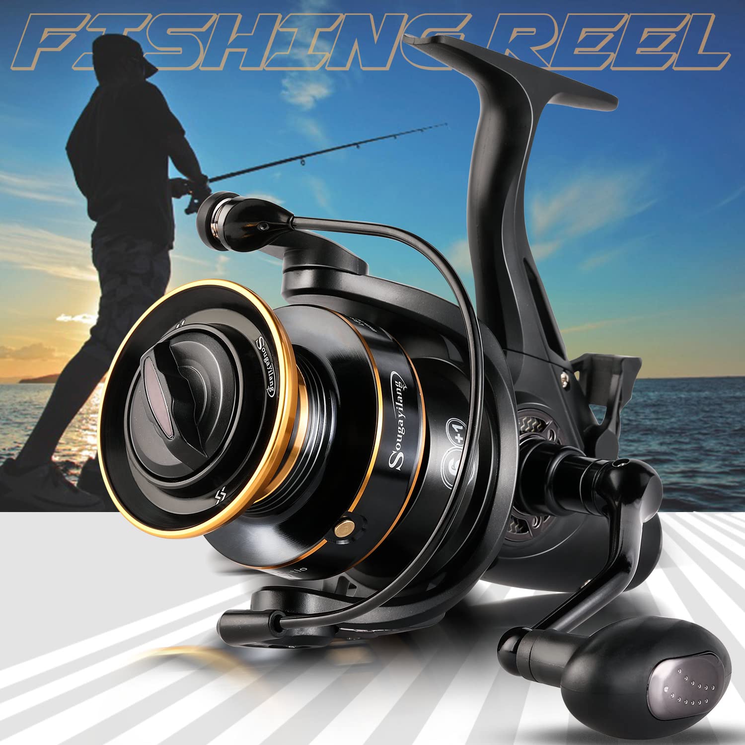 Moulinets de Carpe Sougayilang, Moulinets de pêche filante puissante et Lisse 6+1BB Moulinets de pêche à la Carpe,Max Drag 33LB Bobine de pêche d’Eau salée/d’Eau Douce