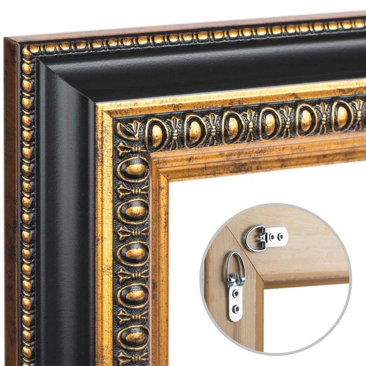 CLAMARO Bilderrahmen Split Antik Barock Massivholz, Schwarz-Gold, 80x100 cm | Fichtenholz, Acrylglasscheibe, HDF-Rückwand, Metall-Aufhänger, Hoch- und Querformat, für Fotos, Urkunden, Poster