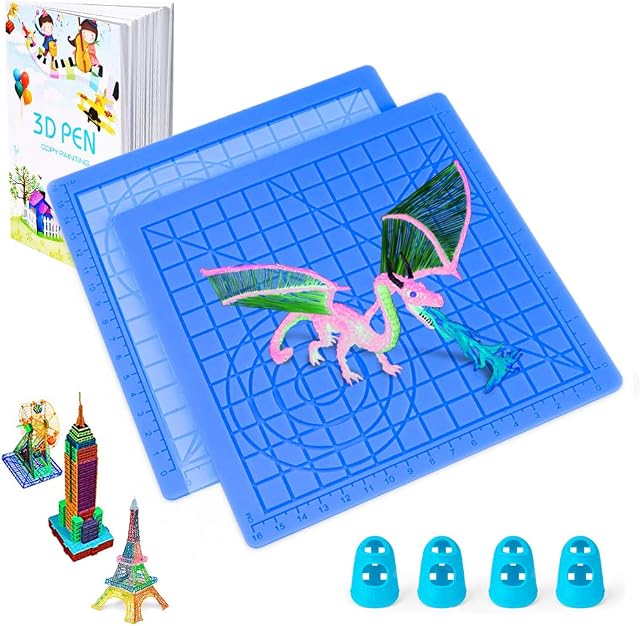 3D Printing Pen Mat, Gvoo 2 Pack Multi-Shaped Silicone 3D Pen Drawing Template Larger Heat Resistant Drawing Tools with 3D Pen Book, 4 Finger Caps and Copy Board