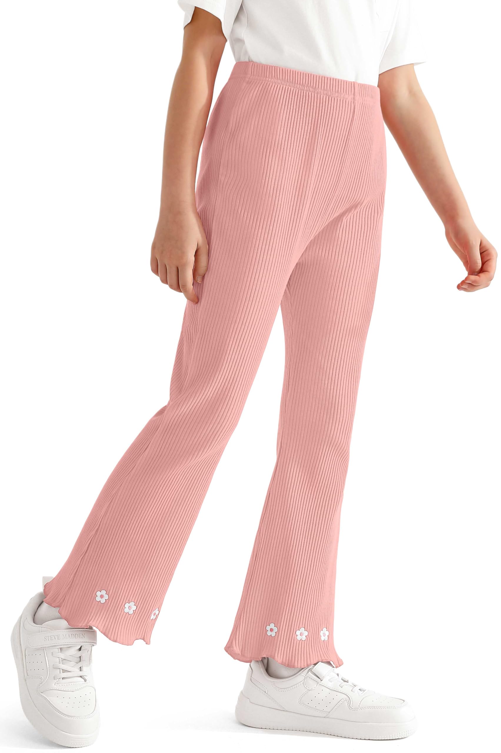 CVXV Little Girl's Knitted Ribbed Bell Bottoms Trousers Ruffle Leggings Bell-Bottomed Flare Pants,Pink,8-9 Years