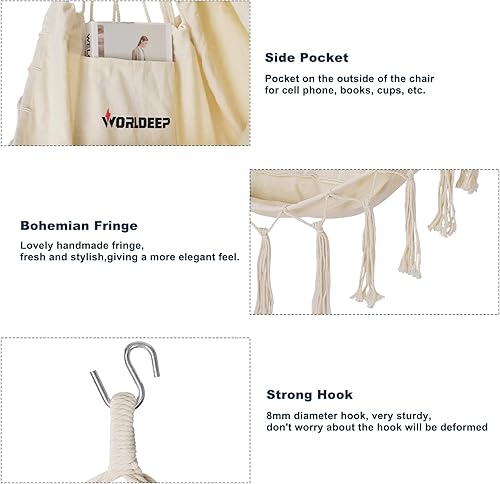 Miniatura 3 de Silla hamaca colgante de cuerda con soporte para reposapiés, 2 cojines incluidos, máximo 500 libras, barra separadora de acero resistente y segura