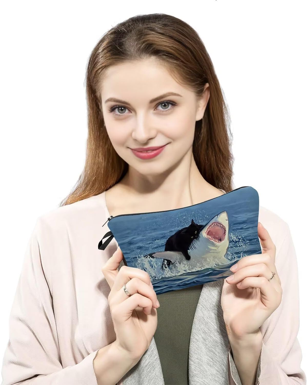 Funny Black Cats Cosmetic Bag Small Makeup Organizer Pouch with Zipper Funny Quirky Cat And Shark Toiletry Makeup Bag Presents for Women Friends - Image 3