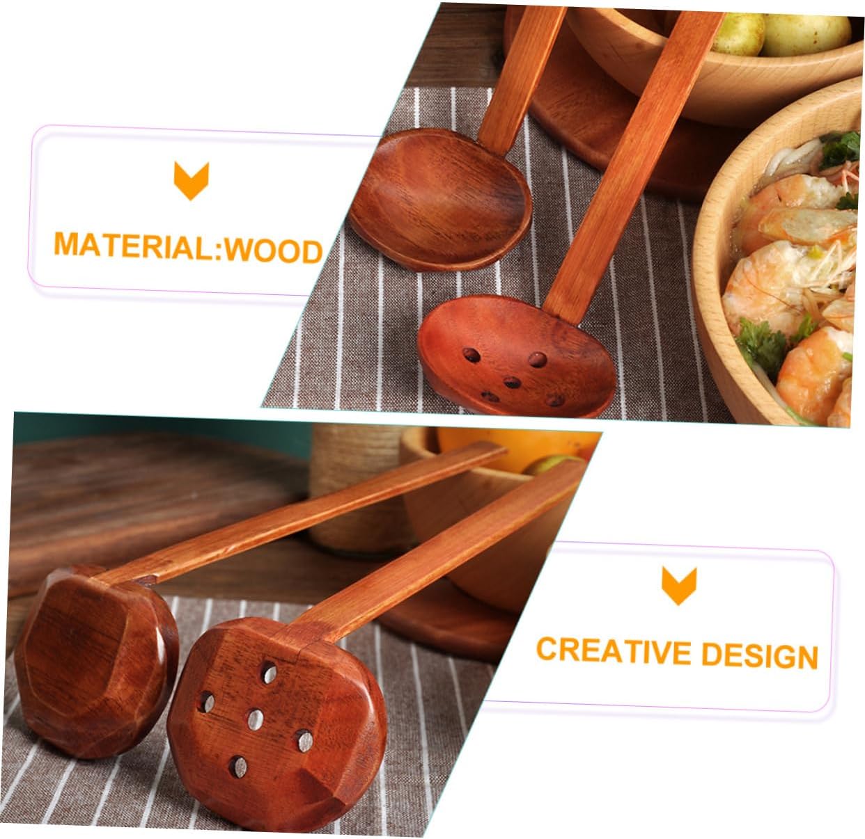 Wooden Soup Spoons and Slotted Ladles Multi-functional Kitchen Utensils for Serving Soup Ramen and Hot Pot Ergonomic Design with Comfortable Grip for Home and Restaurant Use