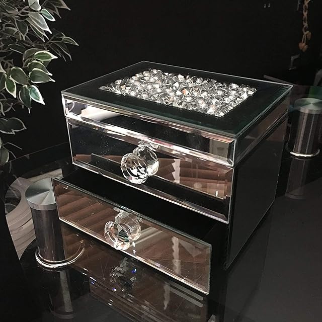 CAPRISTAR ELEGANT SILVER MIRRORED GLASS LARGE JEWELLERY BOX ORGANISER CHEST JEWELLED JEWELLERY BOX 2 DRAWER TOP OPEN