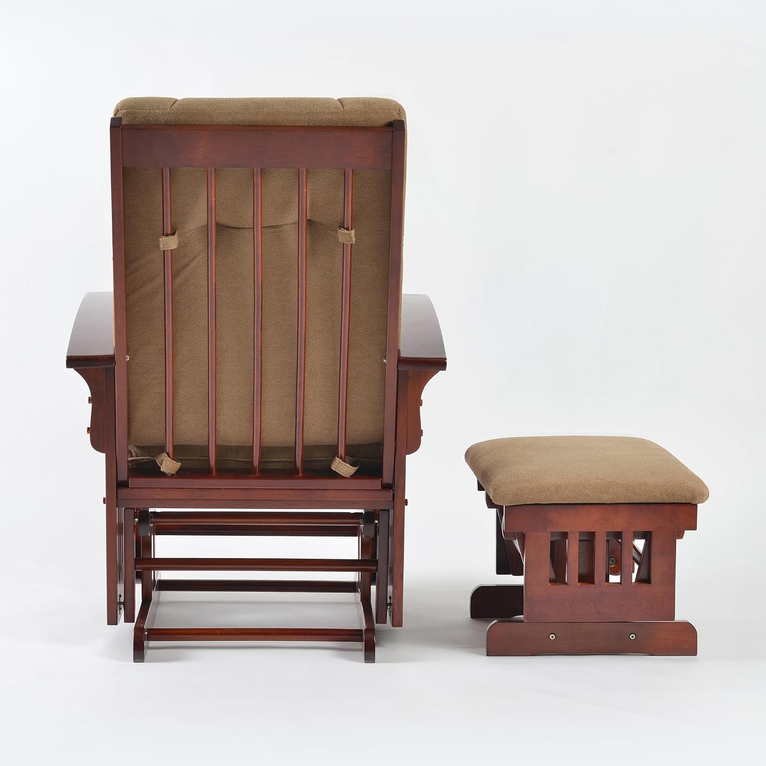 Solid Wood Glider Rocking Chair and Ottoman Set, Rustic Nursery Glider Rocker with Padded Cushion, Smooth Rocking Motion Indoor Living Room Nursing Napping Reading, Reddish Brown+Coffee
