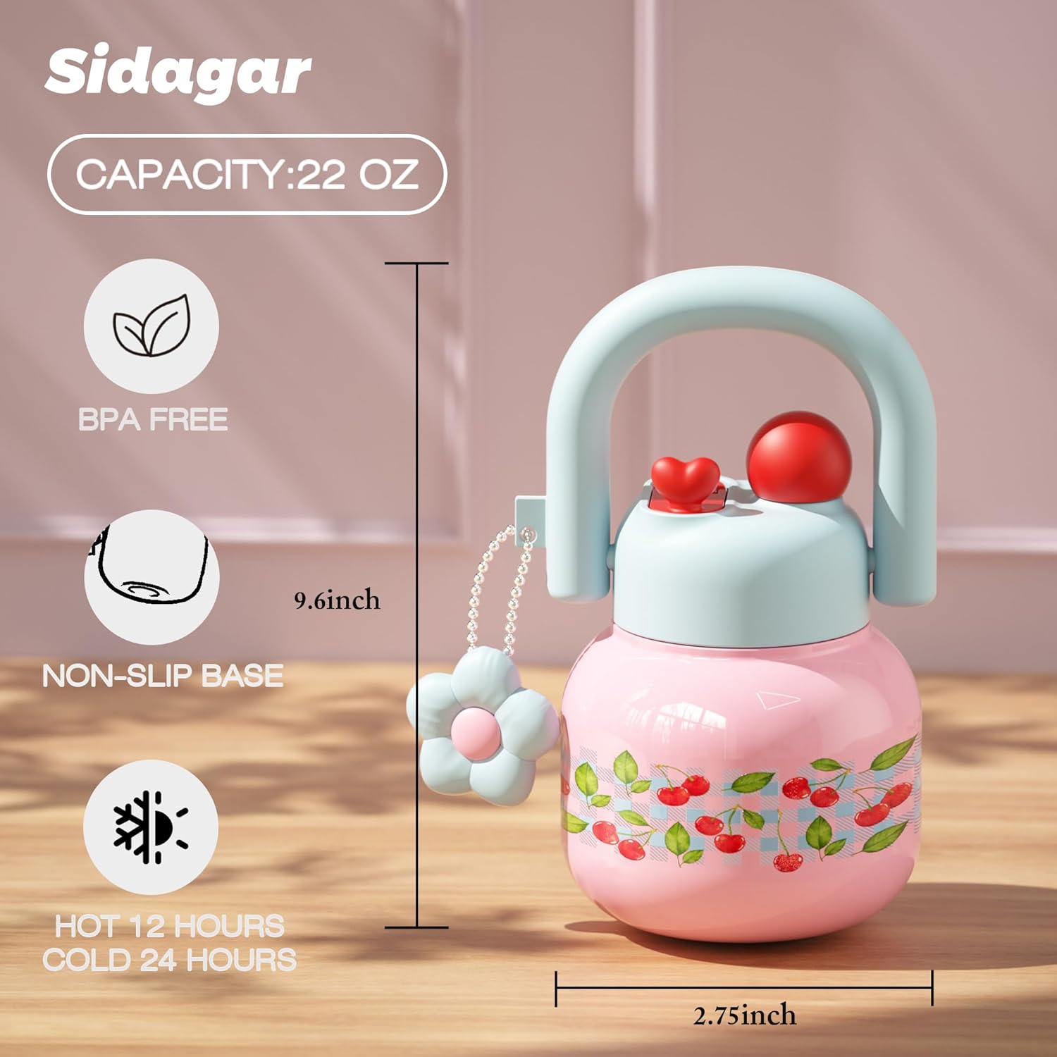 22 oz Tumbler with Straw and Carry Handle, Wide Mouth Insulated Stainless Steel Travel Water Bottle, Aesthetic Gingham Pink & Blue Water Flask for School, Vintage Cottagecore Gift for Girls - Image 2