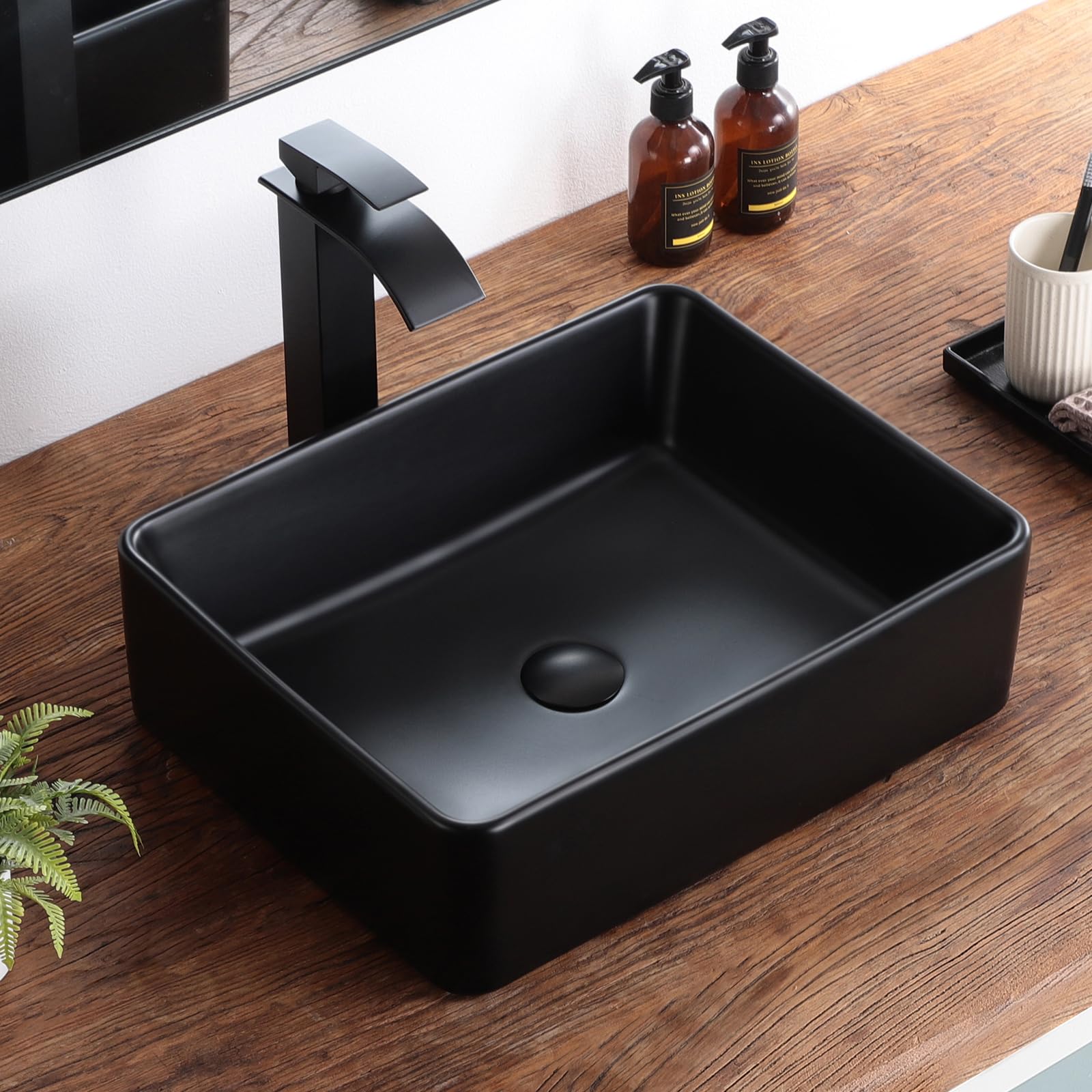 Black Vessel Sink,Rectangle 19"x15" Bathroom Sink Above Counter Porcelain Ceramic Small Sink Bowl Ceramic Vessel Sinks for Bathrooms