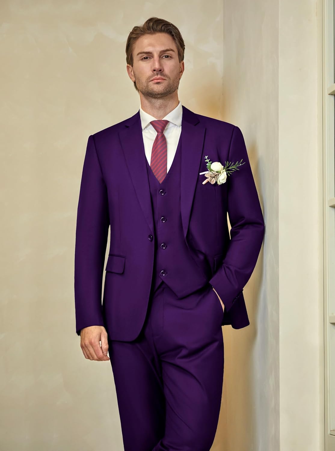 WULFUL Men’s Slim Fit Suit One Button 3-Piece Blazer Dress Business Wedding... - Picture 232 of 257
