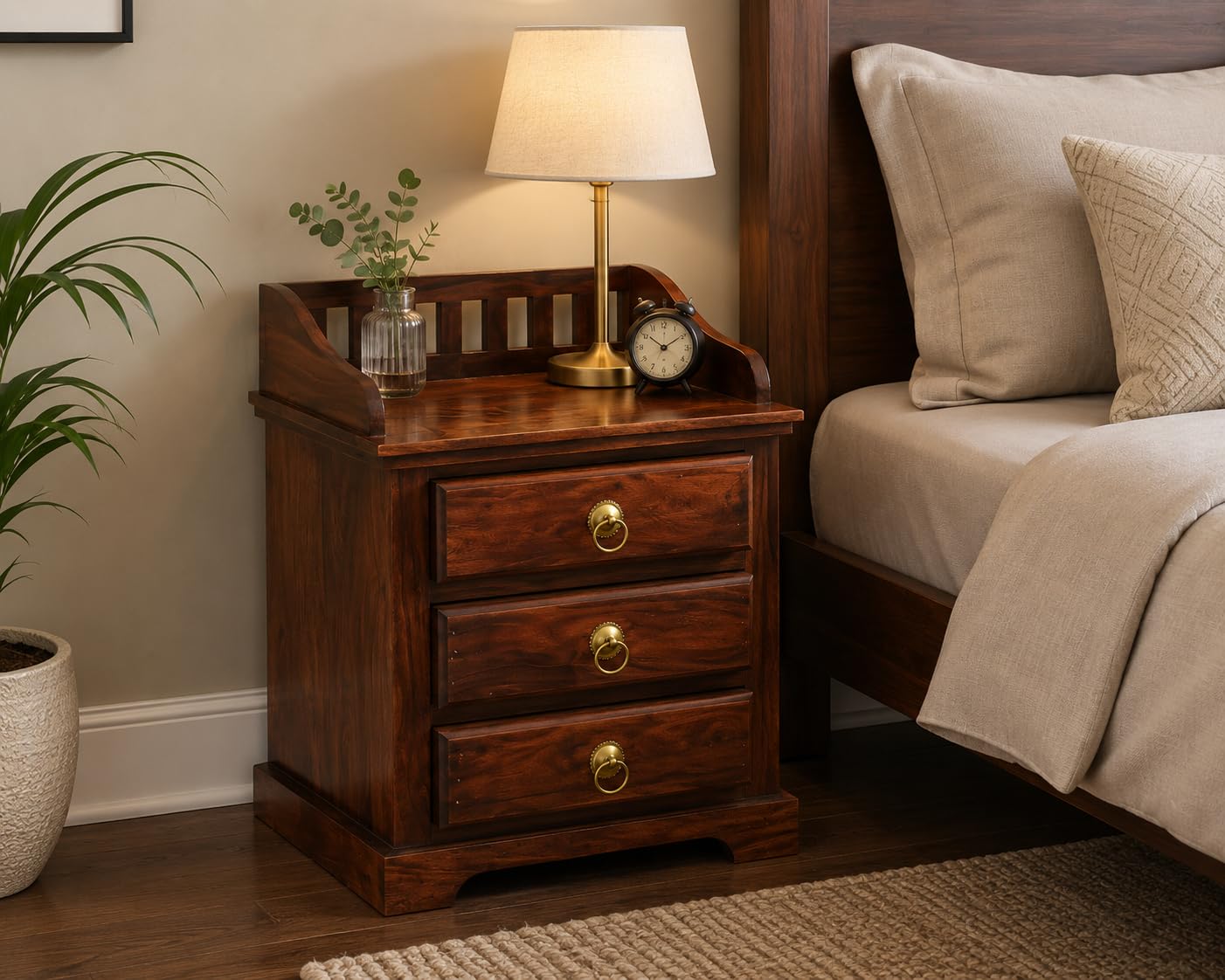 Solid Sheesham Wood Bedside Table with 3 Drawers Storage | Wooden Nightstand End Table for Bedroom Living Room | Side Table for Home Office Hotel | Honey Finish-picture-15