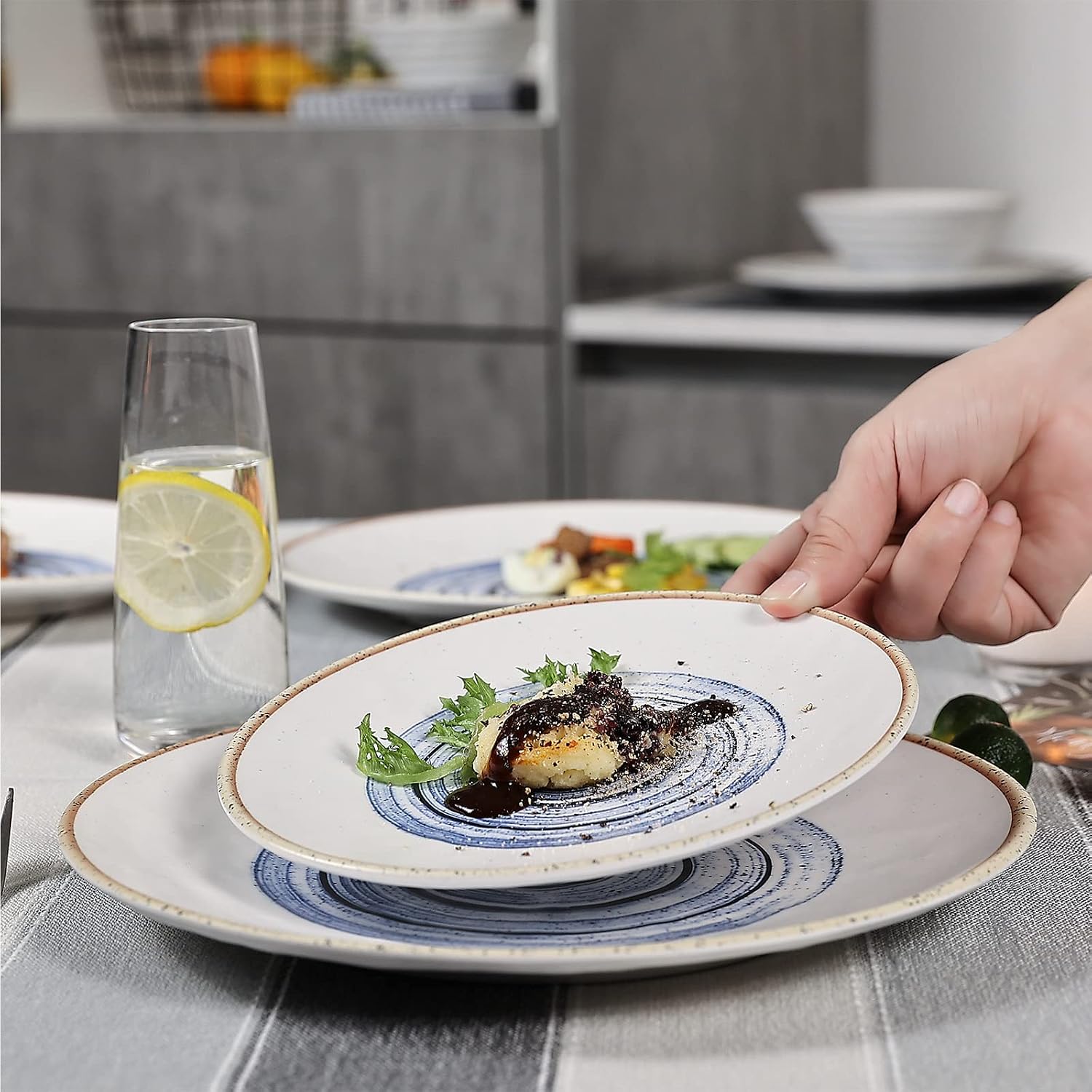 Melamine Dinnerware Set- 12pcs Classic, Concise Retro Plates and Bowls Set, Service for 4, Dishwasher Safe, Blue Vortex