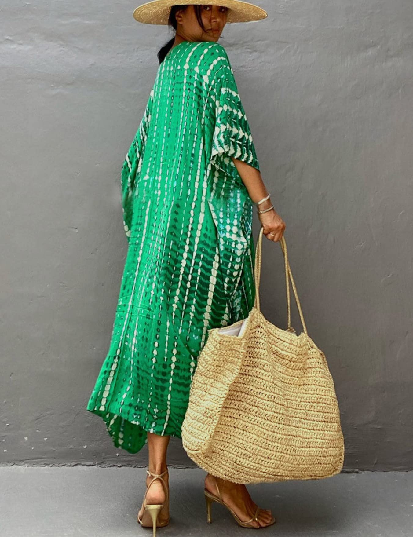 Mujer Kaftan Vestido de Playa Tie Dye Algodón Cárdigan Maxi Kimono Pareos y Camisola Camisas Playa Bohemia Boho Suelto Verano Traje de Baño Bikini Cover Up Talla Grande Elegante