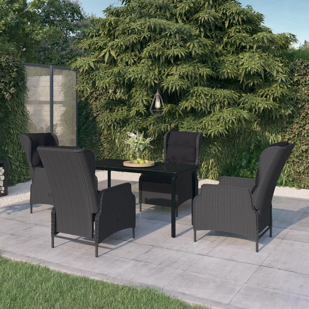 5-TLG. Grupa jadalna ogrodowa, ciemnoszara, rattanowa PE, regulowane krzesła, szklany stół 140 x 70 cm, zestaw mebli zewnętrznych na taras i balkon
