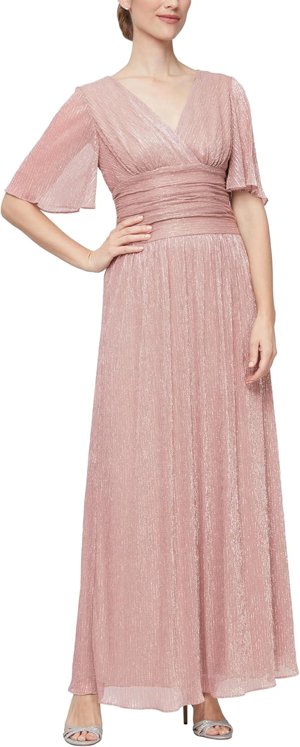 S.L. Fashions Womens Long A-line Mother of The Bride Dress with Ruched Waist (Petite and Regular Sizes)