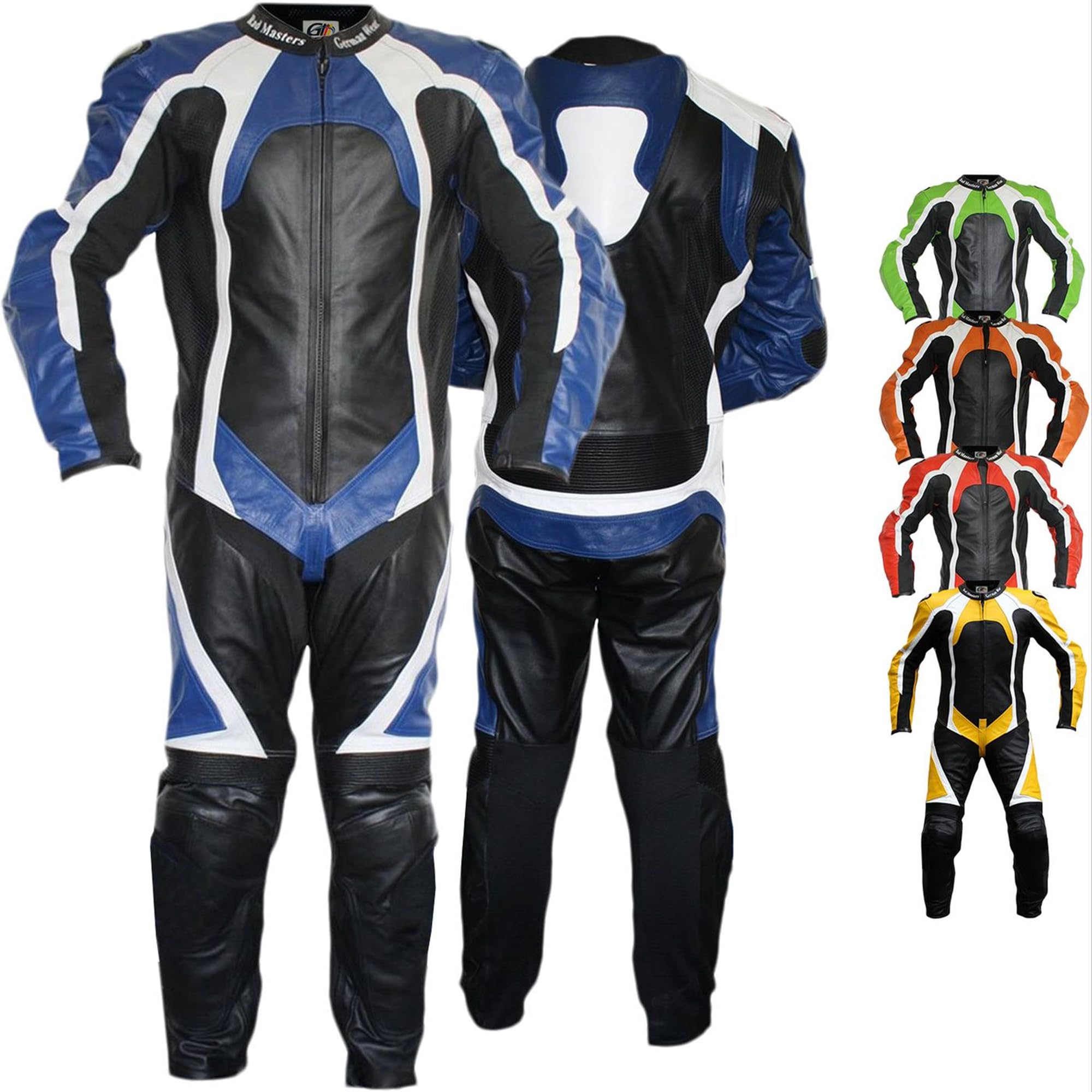 German Wear Einteiler Motorradkombi Lederkombi aus Büffelleder echtleder Kombi, 52/L, Farbe:Blau