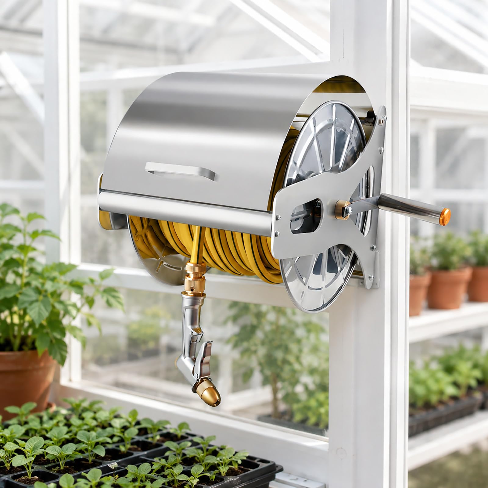 Robuster Gartenschlauchhalter aus Edelstahl, manuelle Kurbel, Wand- oder Bodenmontage, austauschbarer 1/2-Zoll-Schlauch und Metalldüse für Bewässerung und Reinigung 30m