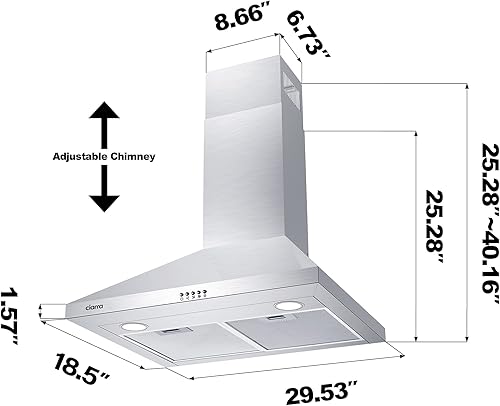 Miniatura 7 de CIARRA Campana extractora de 30 pulgadas 450 CFM de acero inoxidable para montaje en pared, ventilación para cocina con ventilador de escape de 3