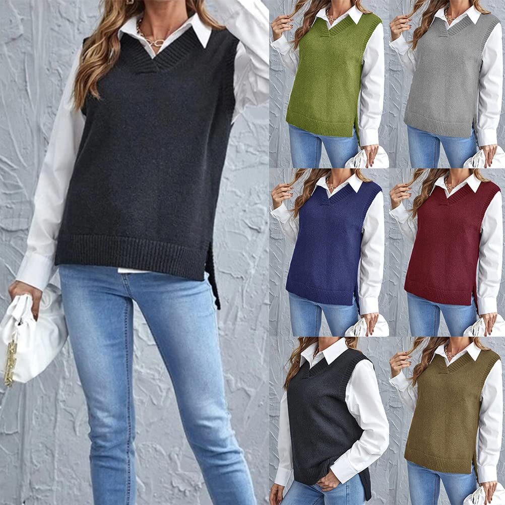 ORANDESIGNE Femmes Col en V sans Manches Couleur Unie à Carreaux en Tricot Gilet Tricots Décontracté en Tricot Débardeur Pull Filles Hiver Automne Style Preppy Argyle