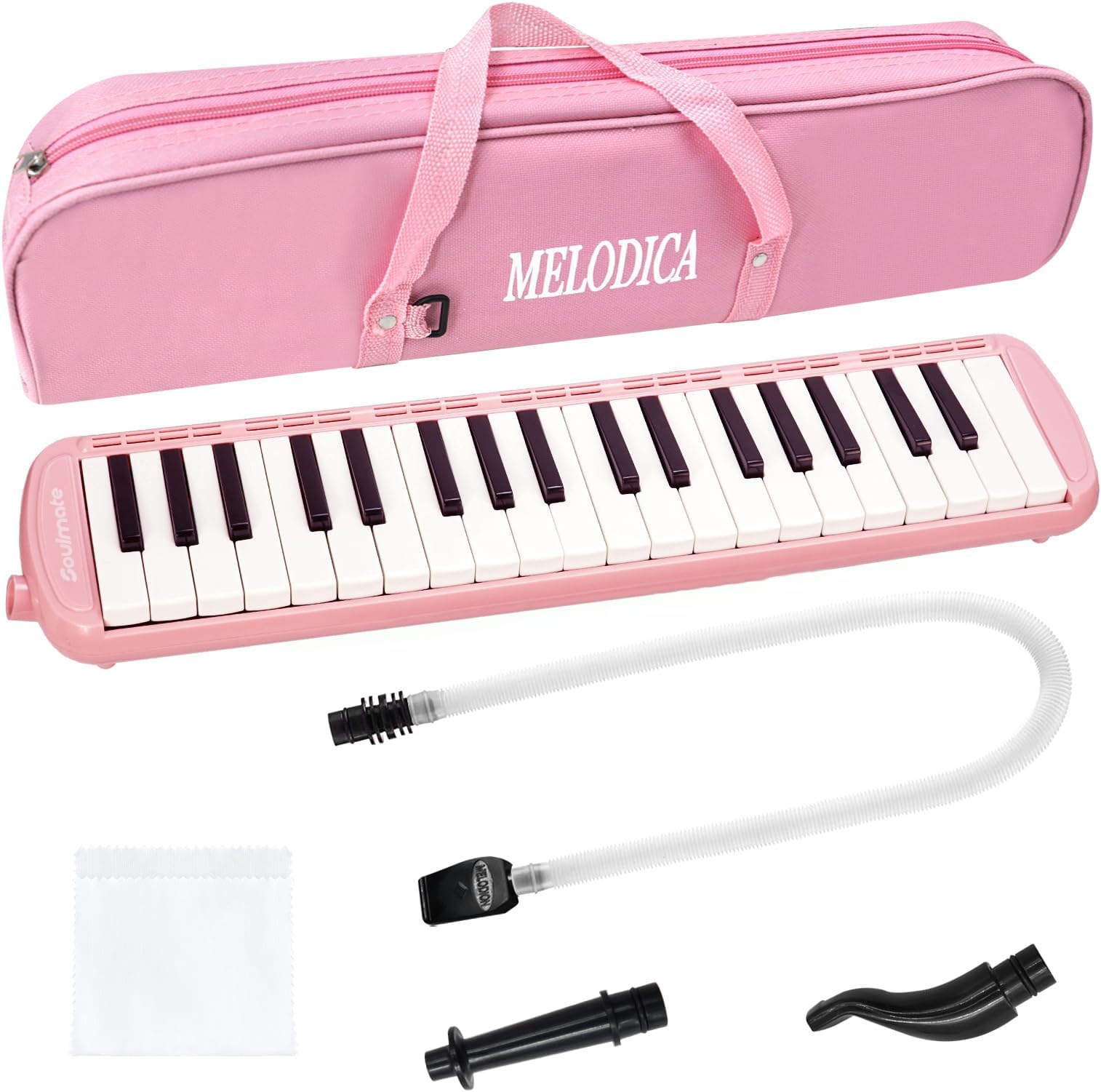 Soulmate 37 Key Melodica for Kids, Beginners, Adults, Soprano Air Piano Keyboard with Soft Long Tubes, Short Mouthpieces & Carrying Bag Pink Musical Instrument Gift