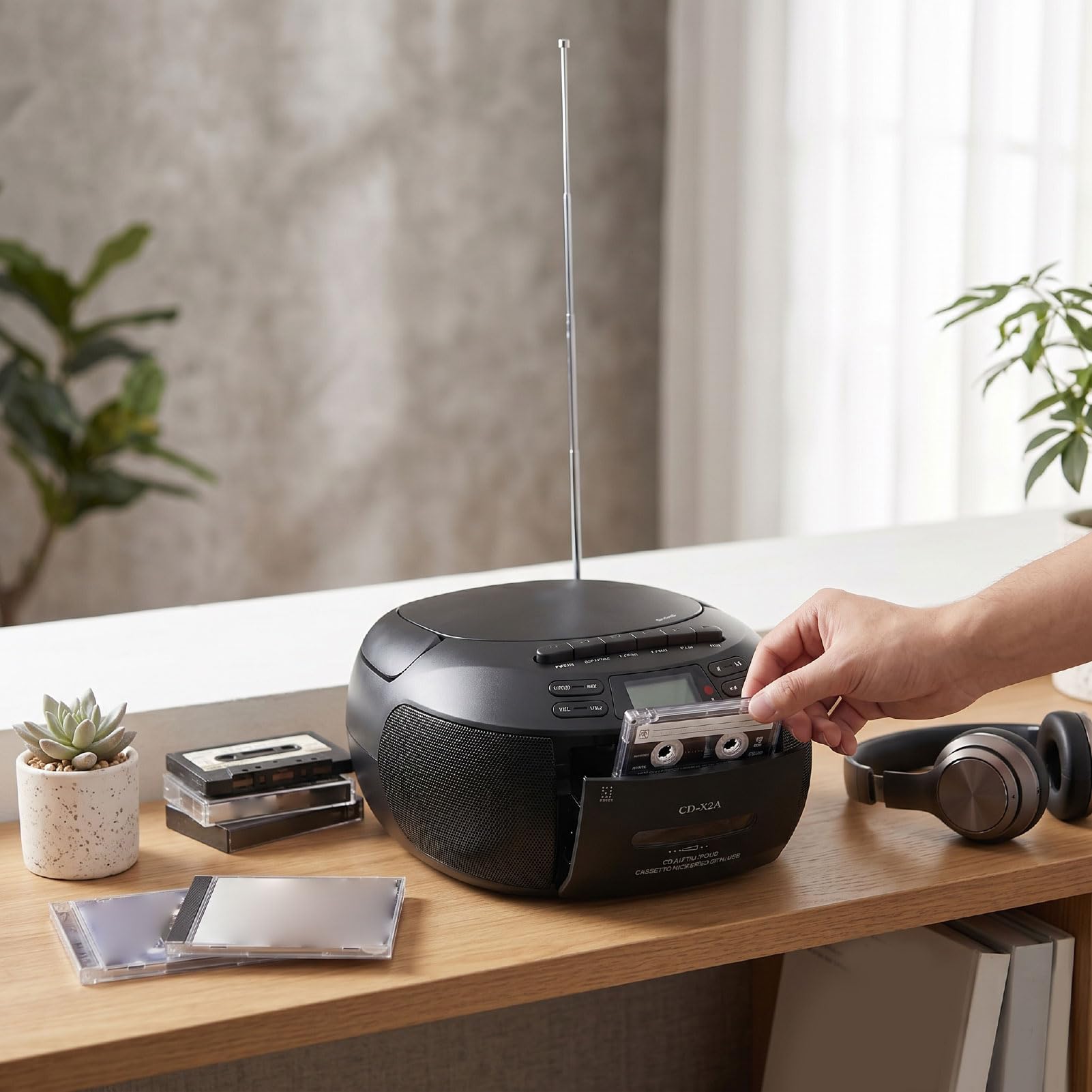Przenośny Odtwarzacz CD z Magnetofonem Kasetowym Combo, Radio FM Bluetooth 5.1 AM z Odtwarzaniem Przez USB AUX do Domu i Podróży (wtyczka UE)