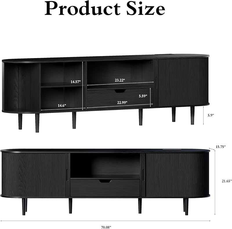 DHH 71" Fluted TV Stand with Power Outlet for TVs up to 80", TV Console with Adjustable Shelves and Sliding Door,Mid Century Modern Entertainment Center for Living Room,Bedroom(Black) image 2