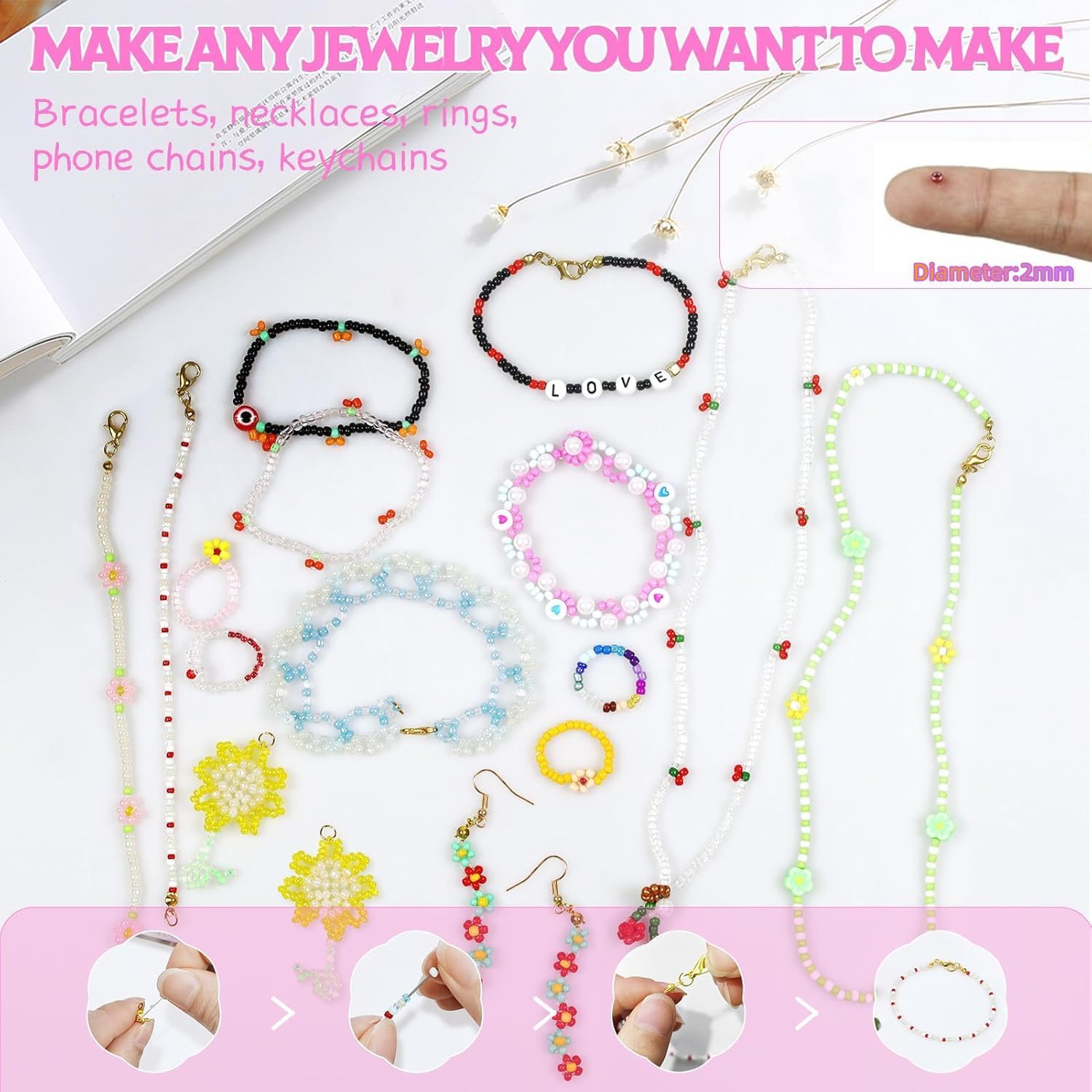 52000pz Kit di Perle Vetro 2 mm 96 Colori, Perline per Braccialetti con Lettera per Braccialetto/Collana fai-da-te, Perline Vetro Perle Colorate con Pinzetta, Forbice e 2pcs 0,5mm Elastic Thread