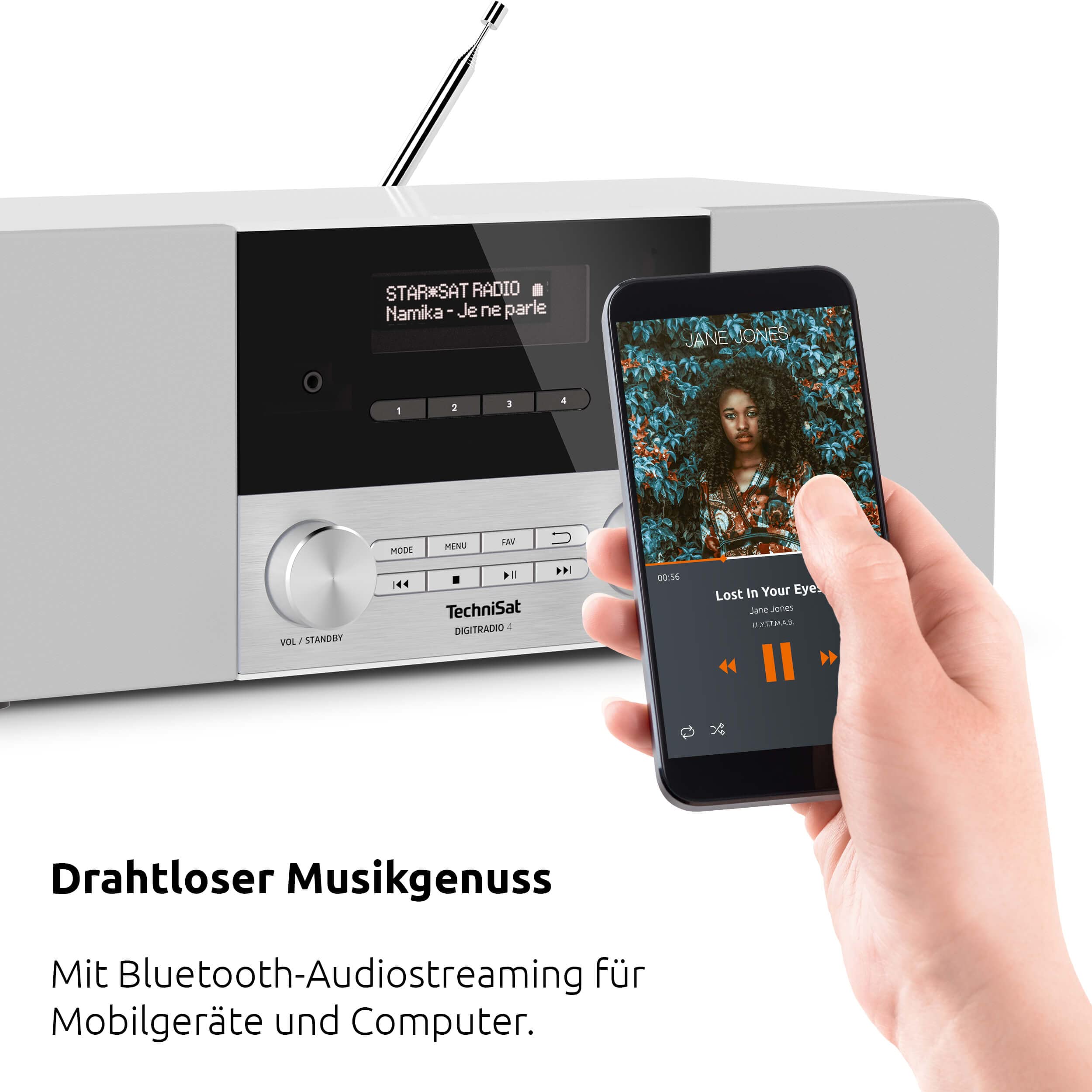 TechniSat DIGITRADIO 4 - Radio DAB stereo (DAB+, FM, streaming audio Bluetooth (ricezione), presa per cuffie, ingresso AUX, radiosveglia, display OLED, 20 watt RMS, altoparlante Elac) bianco