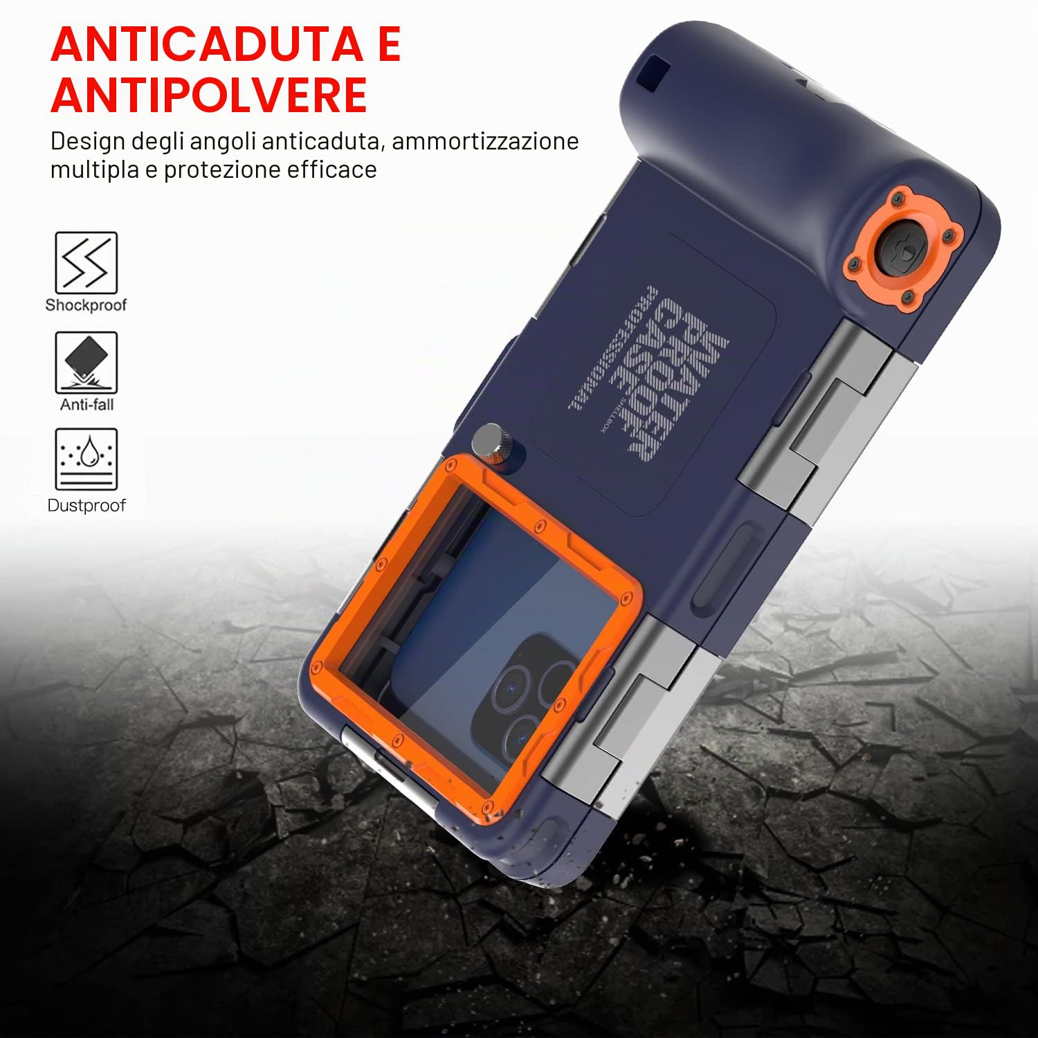 ShellBoxCase Custodia universale impermeabile per iPhone 16/15/14/Pro/Plus/Max/Samsung Galaxy S25/24/23/Ultra Series - [50FT/15M] custodia subacquea per riprese subacquee, blu arancione