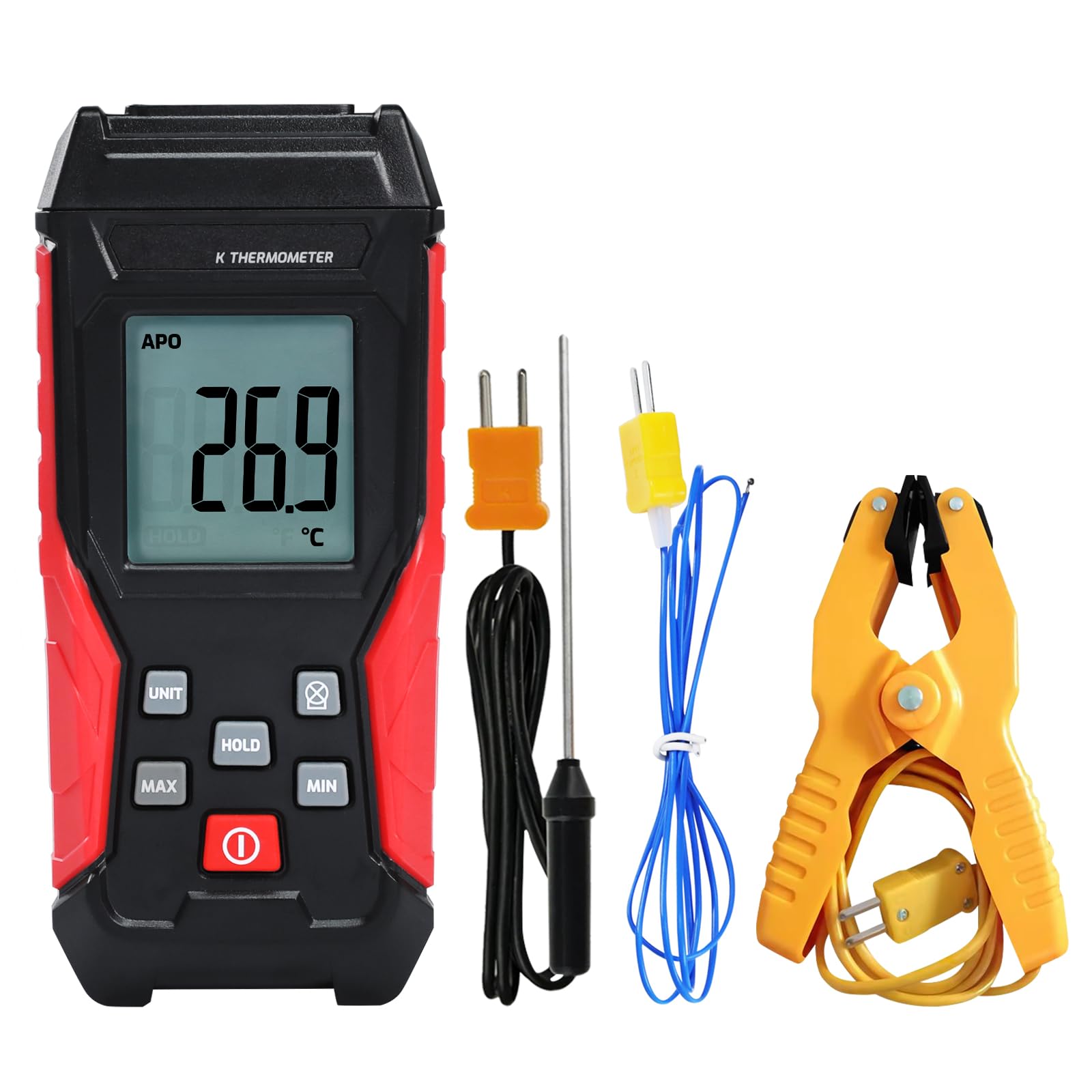 Termometro digitale tipo K 2 sonde termocoppia 2 pinze temperatura industriale monocanale -328°F a 2500°F display LCD retroilluminato Max/Min mantenimento dati