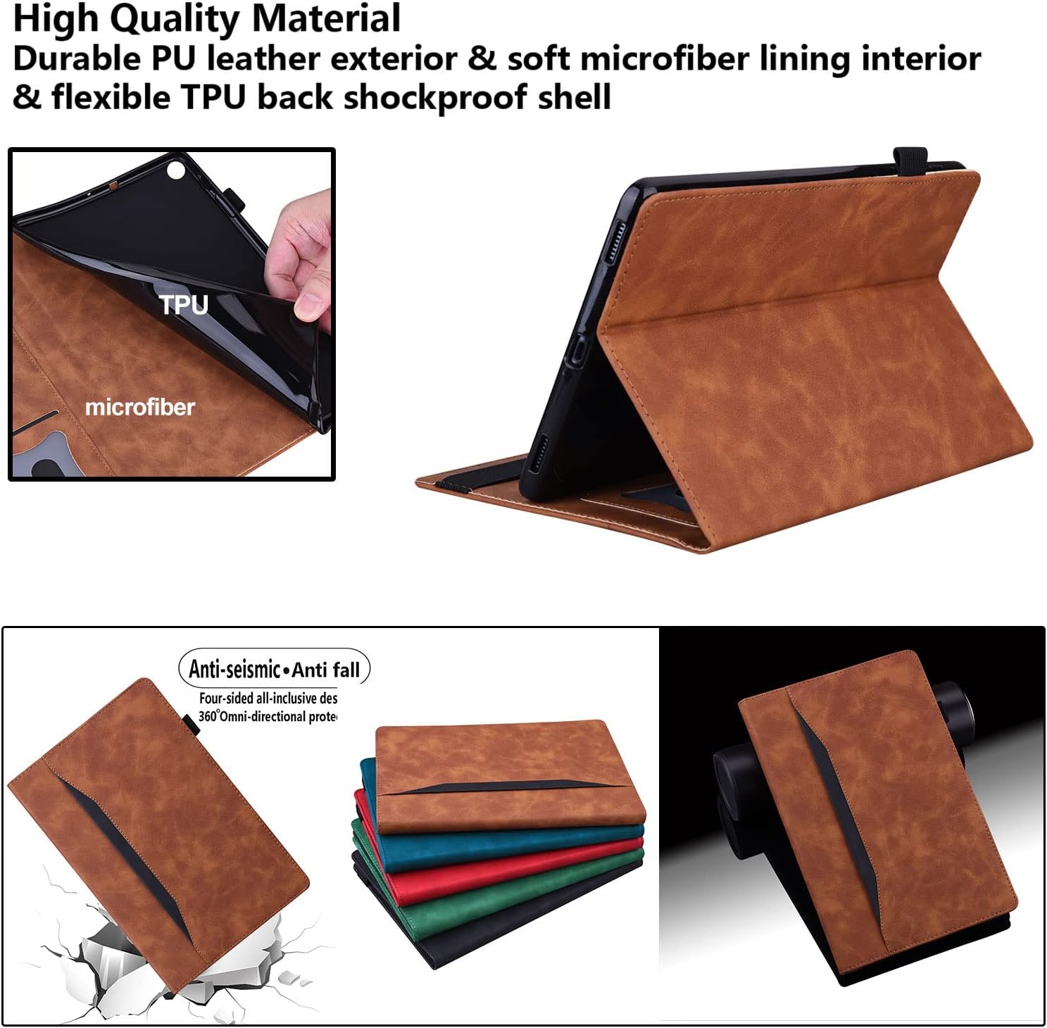 for Amazon Kindle Fire HD 10 & Fire HD 10 Plus Tablet Case 13th/11th Generation 10.1" (2023/2021) Folio Stand Embossed PU Leather Wallet Cover with Pencil Holder/Document Card Pockets, Brown