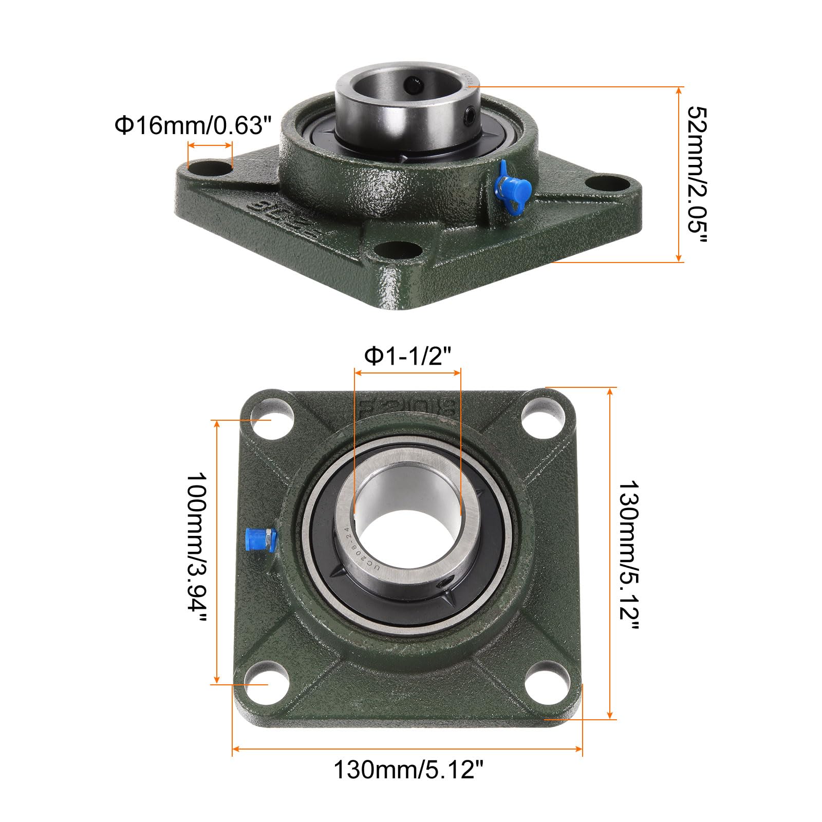 uxcell Lot de 2 roulements à billes UCF208-24 - Alésage de 2,5 à 1,3 cm - Base en fonte - Roulements à billes montés en acier chromé - Auto-alignement avec clé hexagonale