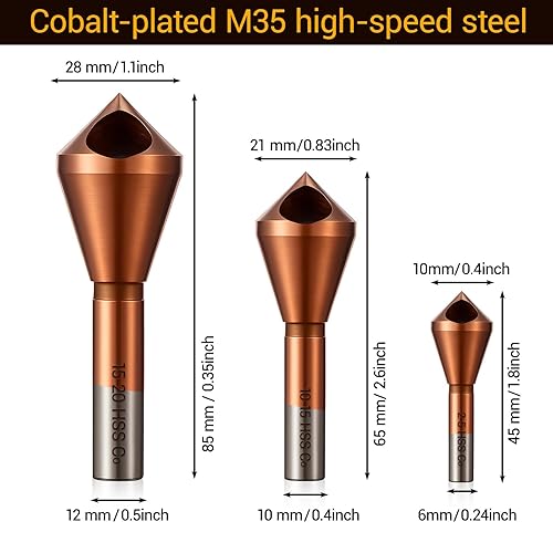 Miniatura 2 de Juego de 3 brocas avellanadoras de un solo extremo de acero cobalto M35 HSS con revestimiento de cobalto de 90 grados para metal, madera, 2-5,