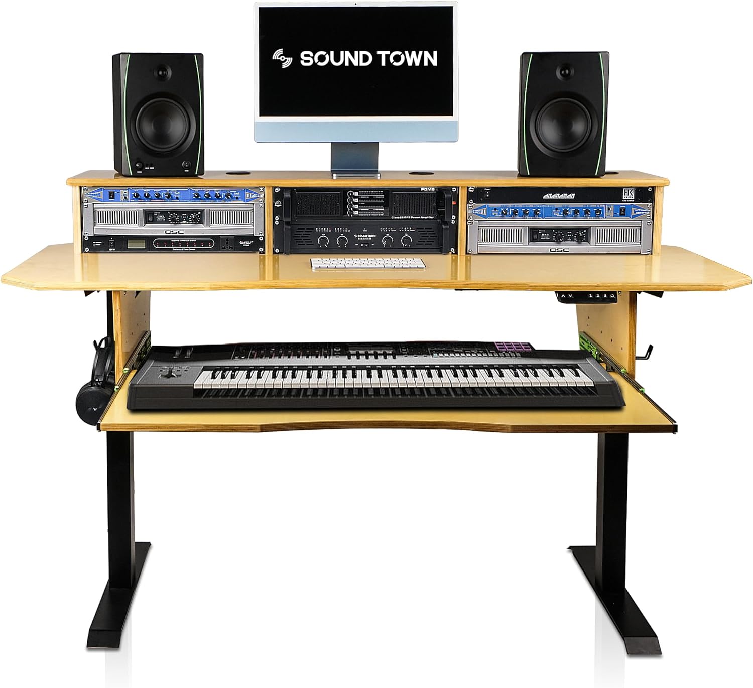Sound Town DIY Music Studio Desk Workstation Furniture, Electric Height Adjustable, 3x4U Rack Space & Top Shelf, Sliding Piano Keyboard Tray, All Plywood, Golden Oak, (SDRK-SD1)