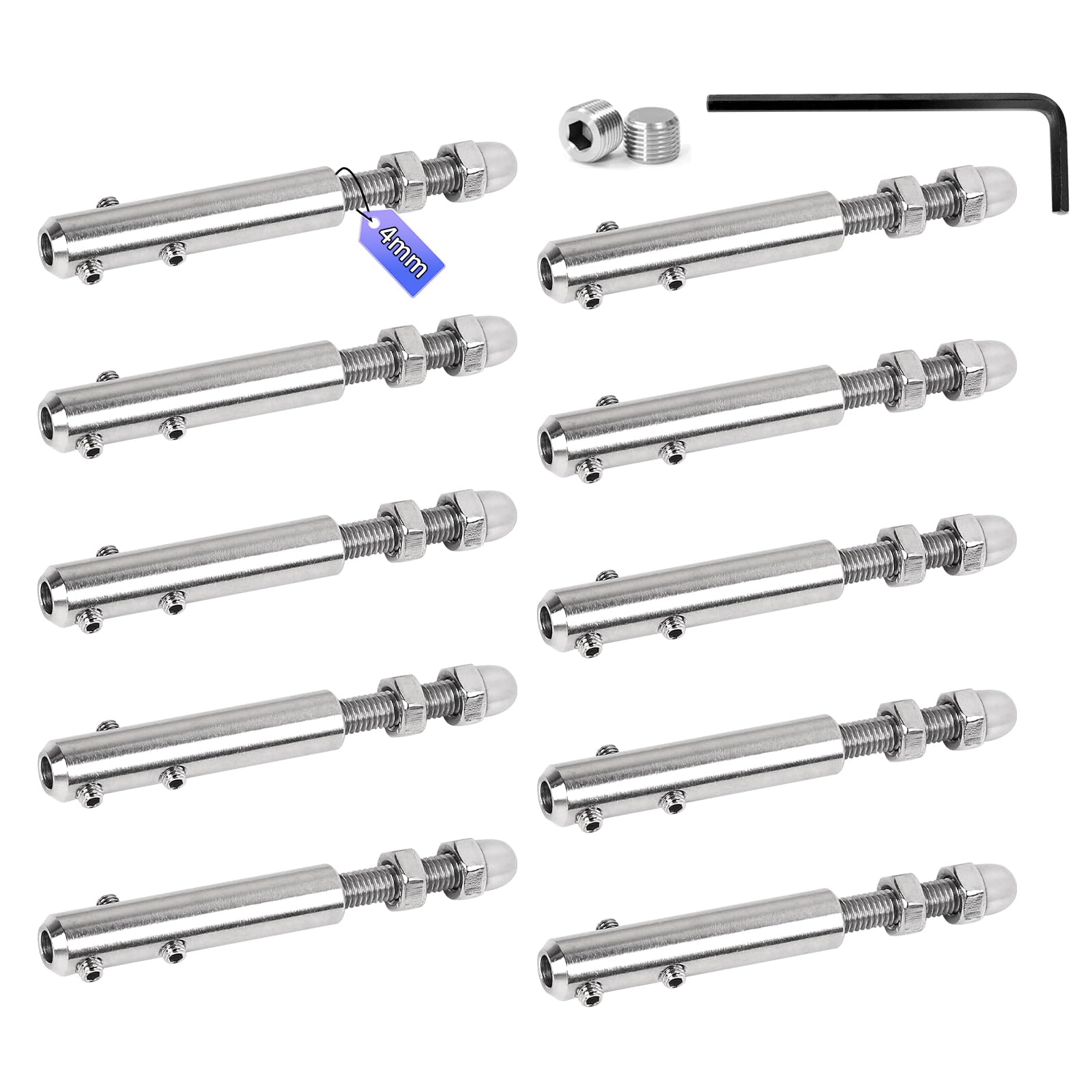 10 Terminali per cavo 4 mm Tensionatore inox con vite e chiave Allen, Fissaggio professionale per cavi metallici, perfetto per ringhiere e strutture decorative