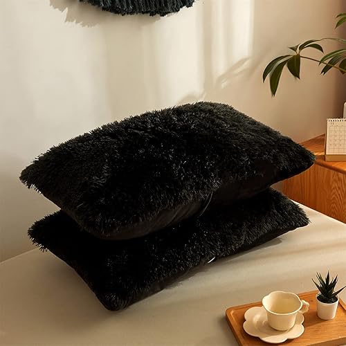 Miniatura 8 de Juego de edredón de piel sintética color negro, tamaño Queen, edredón de piel alternativa al plumón de 3 piezas (1 edredón de felpa + 2 fundas de