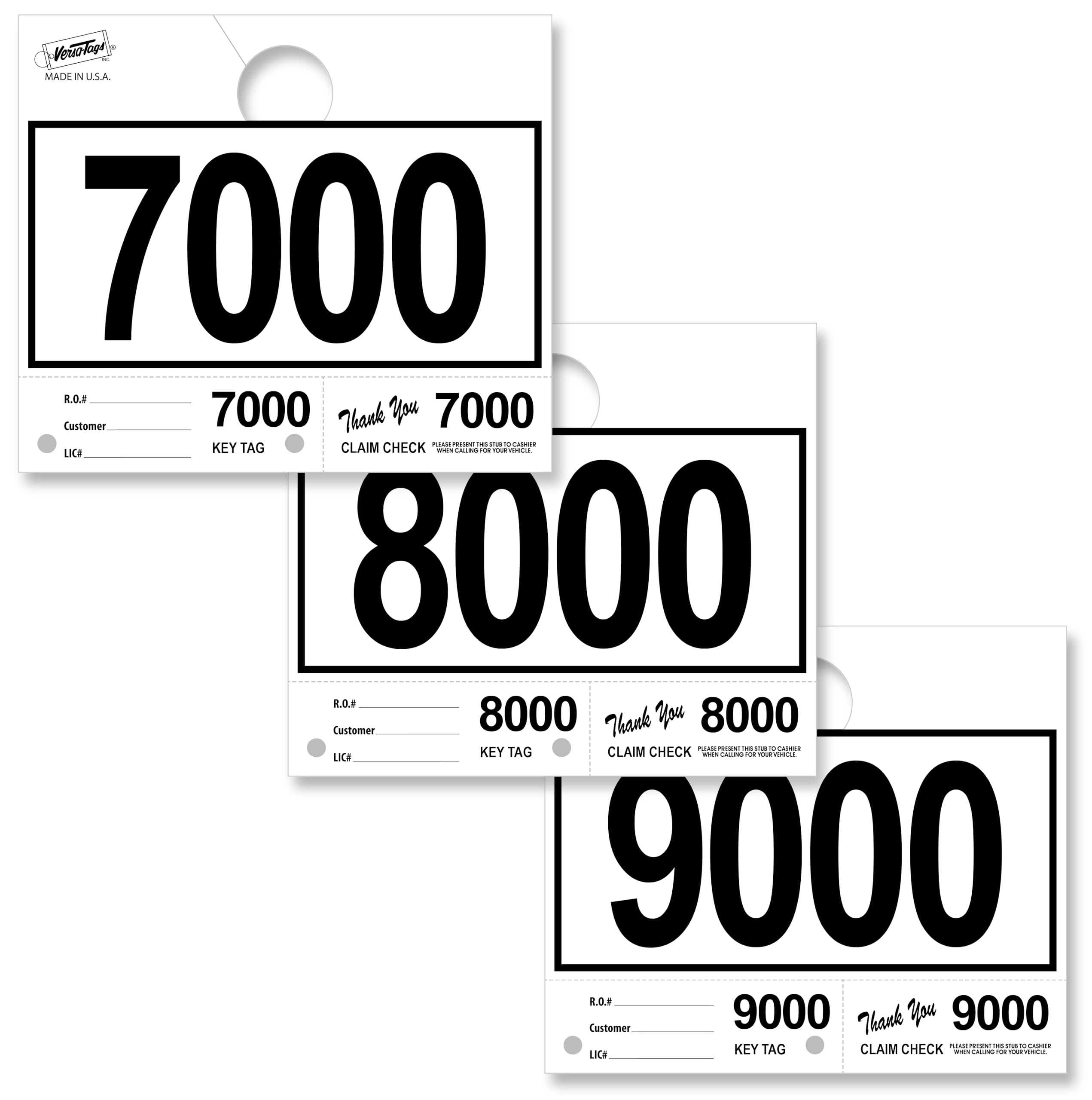 3000 Automotive 3 Part Service Dispatch Numbers Mirror Hang Tags Numbered 7000, 8000, 9000 RL78 Style Color Coded White Service Dispatch Numbers with