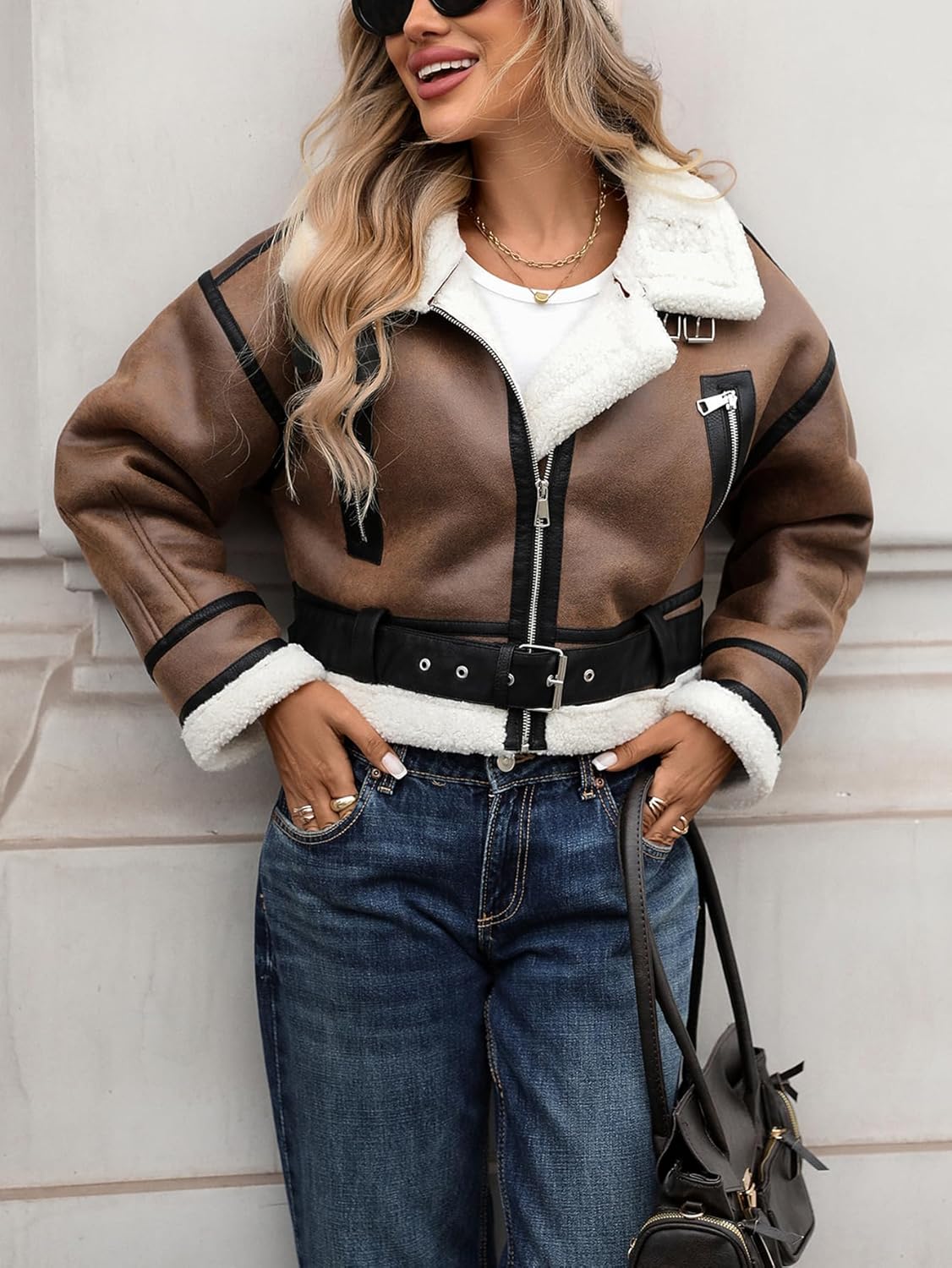 LY VAREY LIN Winter Women Faux Lamb Fur Leather Short Jacket Lapel Zipper Bomber Aviator Coat - Image 5