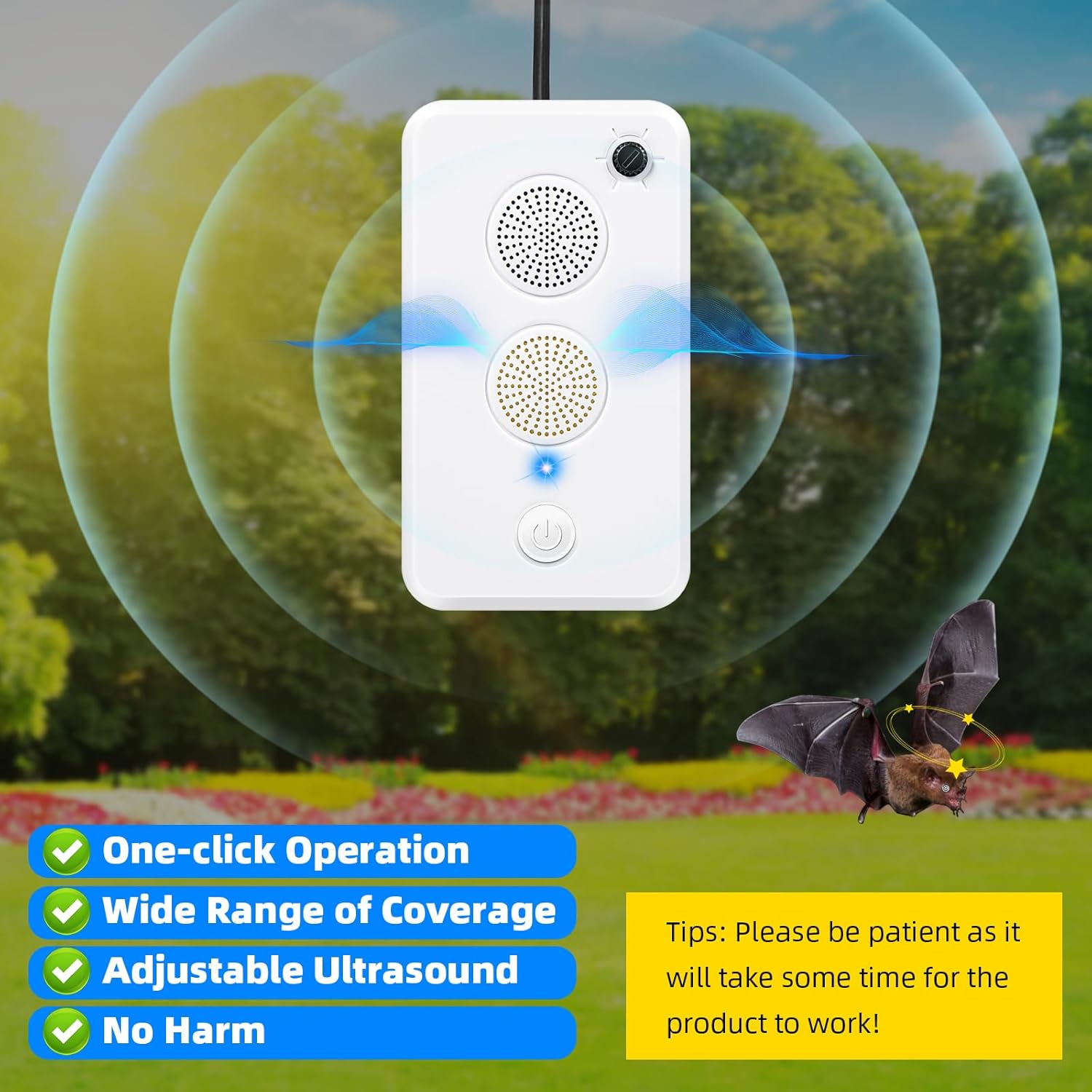 JahyElec Ultrasonic Bat Repellent device in a green outdoor setting with a bat. Text highlights 'One-click Operation', 'Wide Range of Coverage', 'Adjustable Ultrasound', 'No Harm', and a tip to 'Please be patient as it will take some time for the product to work!'.