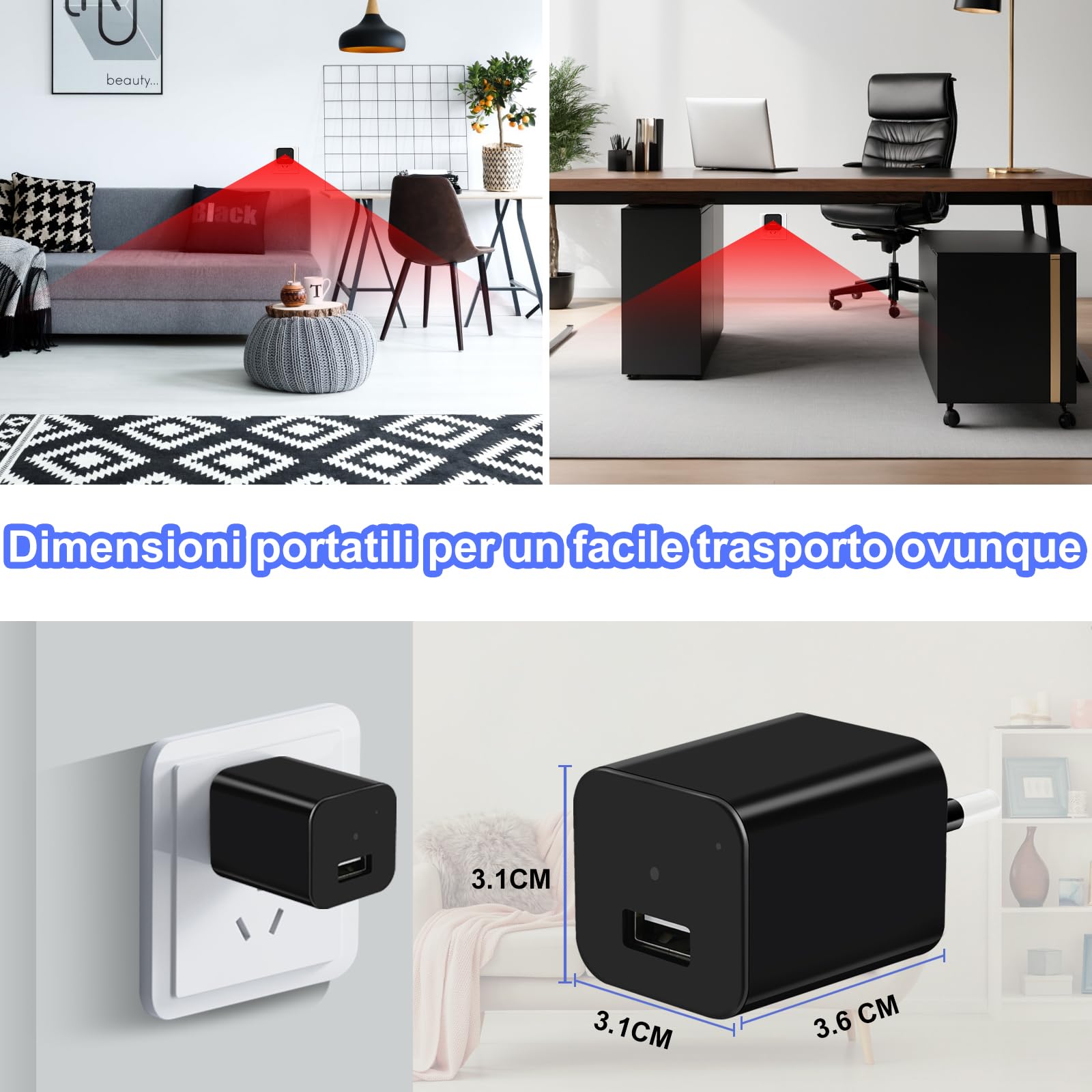 TANGMI Telecamera Spia, Caricatore/Adattatore USB Mini Telecamera Spia Nascosta, Registrazione Video HD 1080P Micro Telecamera Spia con Rilevamento del Movimento e Registrazione in Loop