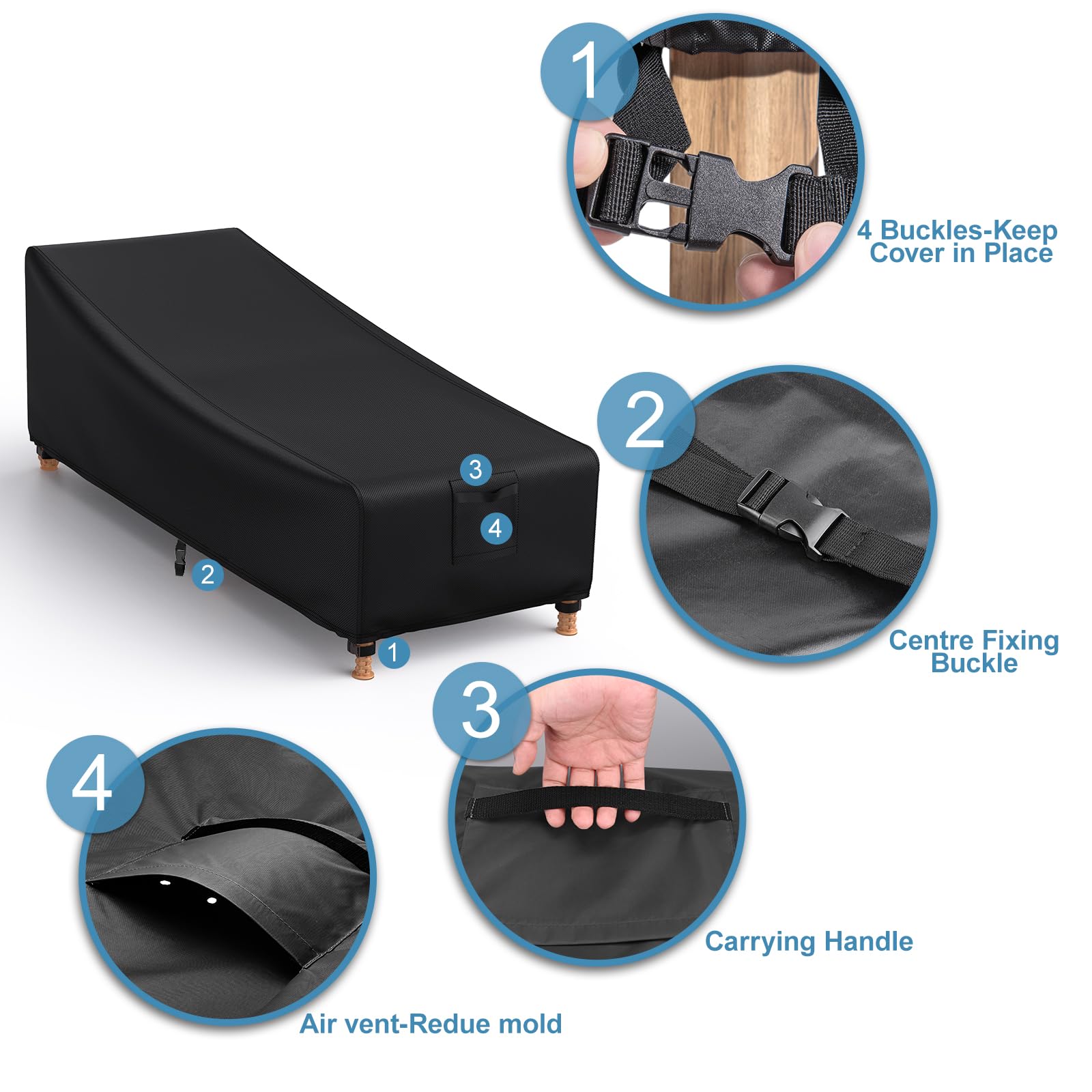 Housse Bain de Soleil Impermeable avec Aération, Sangles à Boucle, 210x80x45/75cm Anti-UV, Coupe-vent, Housse pour Chaise Longue Exterieur 600D Heavy Duty Oxford, Anti-déchirure