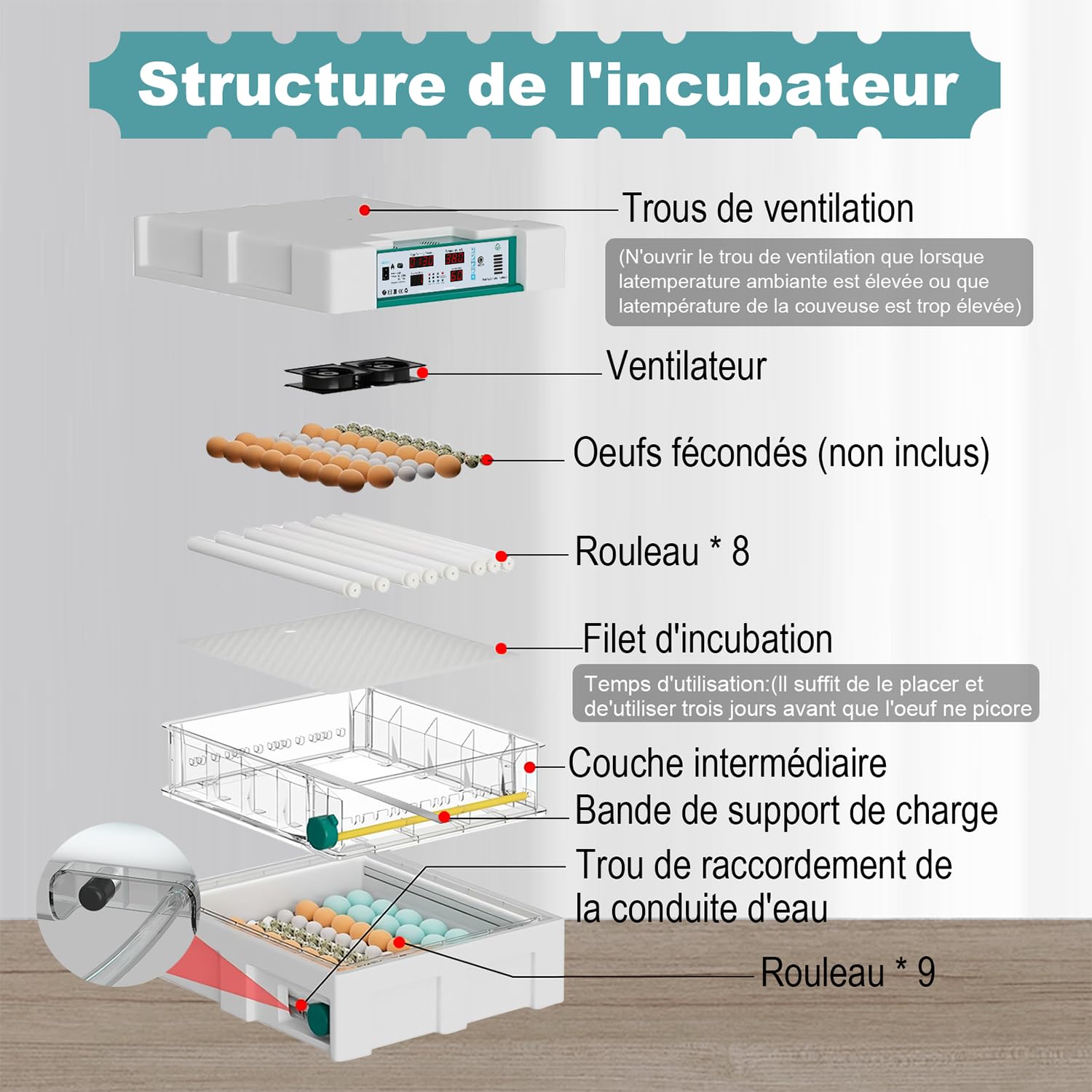 Incubateur Oeuf Automatique 120 Œufs, Couveuse Oeuf Automatique avec 4 Modes d’Incubation Automatique, Affichage Température & Humidité, Remplissage d’Eau Automatique, Couveuse pour Volaille & Poultry