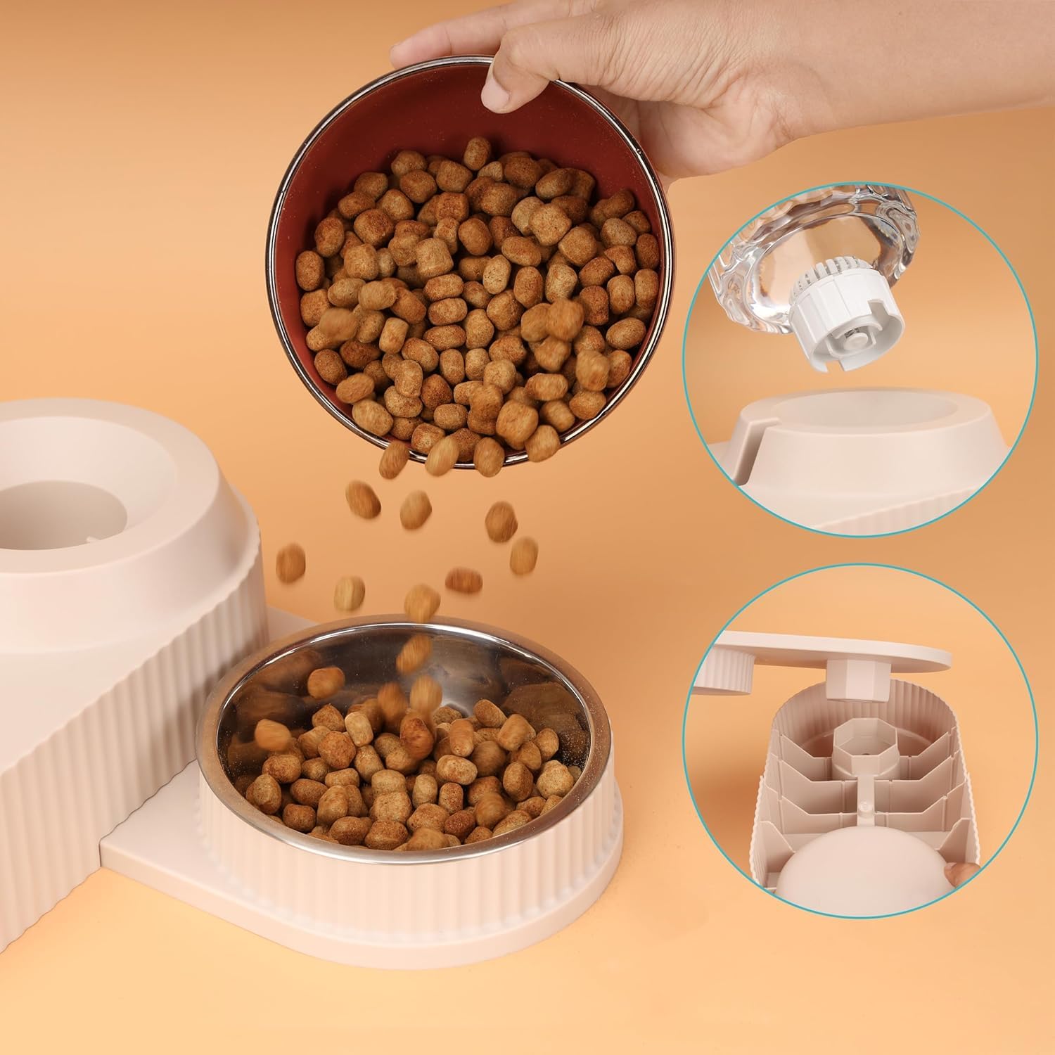 KRESHU Automatic Drinking Feeder Pet Bowl Stand | Double Pet Bowl Dog Water Pet Drinking Feeder Food and Water Bowls Stand Pet Beige Bowls 500g Solid Pattern Modern Style for Cats (1-Piece) 3