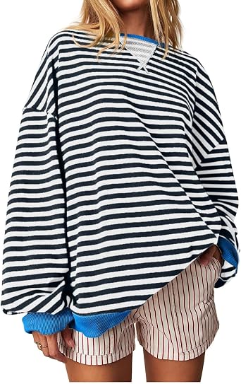 Womens Striped Sweatshirts Oversized Crewneck Long Sleeve Shirts Y2K Pullover Top Fall Outfits Fashion Clothes