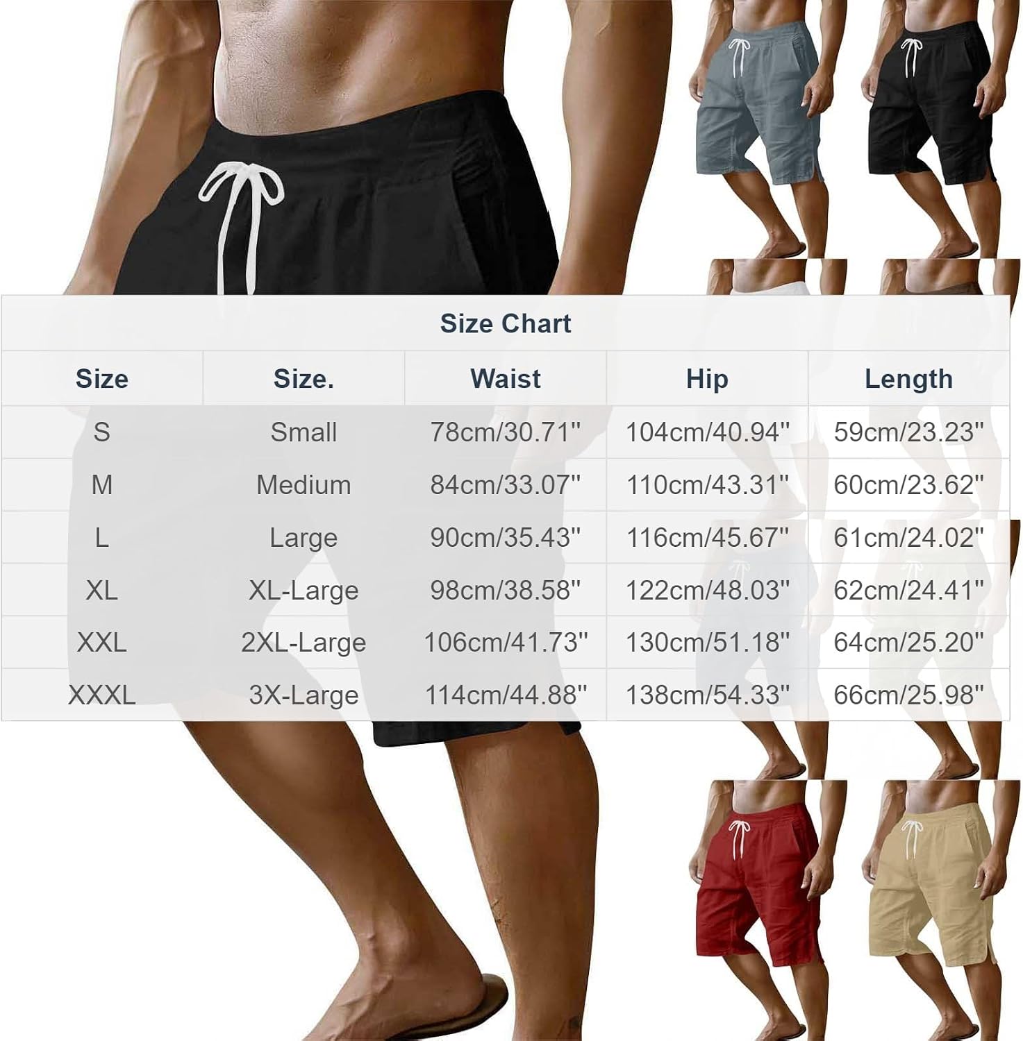 Mens Casual Shorts Cotton Elastic Waist Shorts Drawstring Summer Beach Short Side Split Lightweight Loose Short