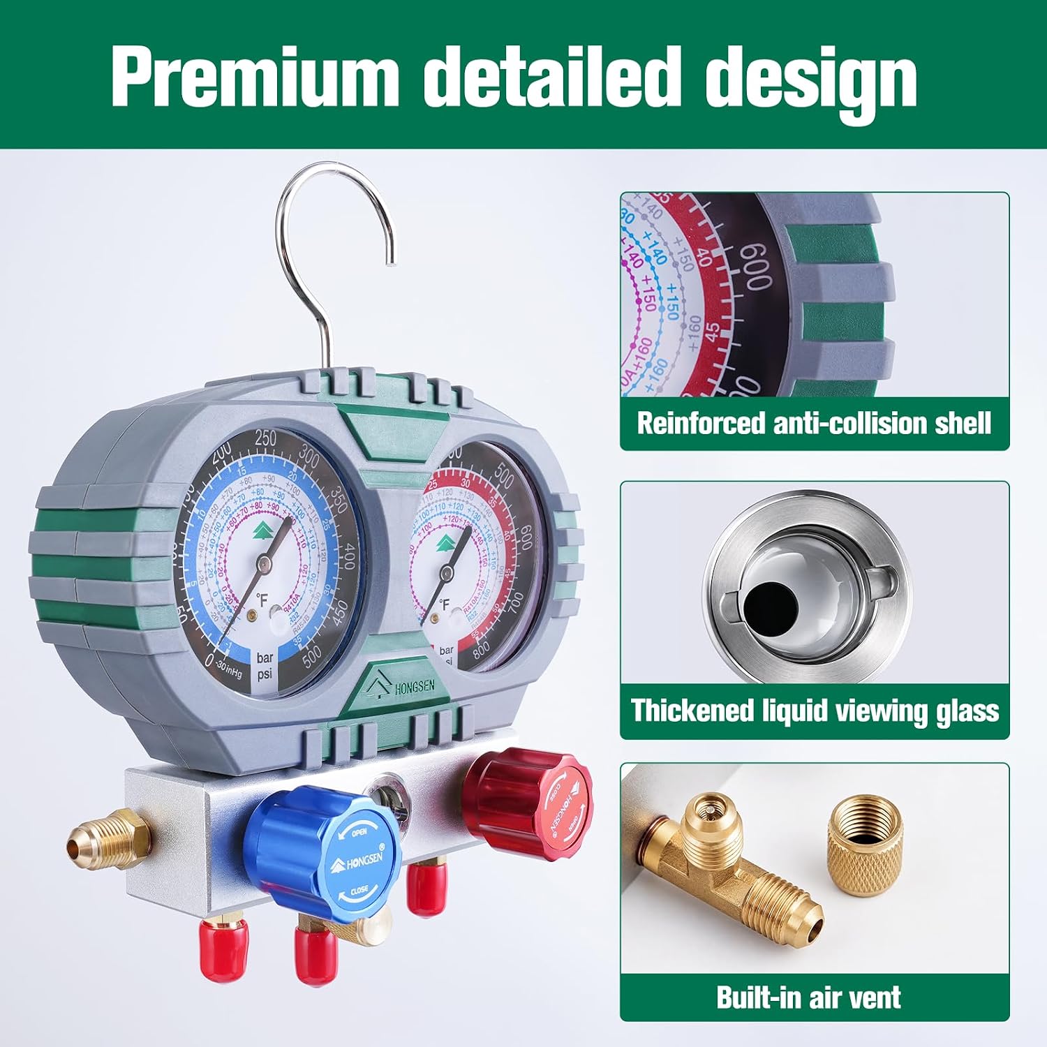 R454B AC Manifold Gauge Set for R454B R32 R410A, 3 Valve Refrigerant Charging Gauges with Three 60 in Hoses and Adapters for HVAC Service