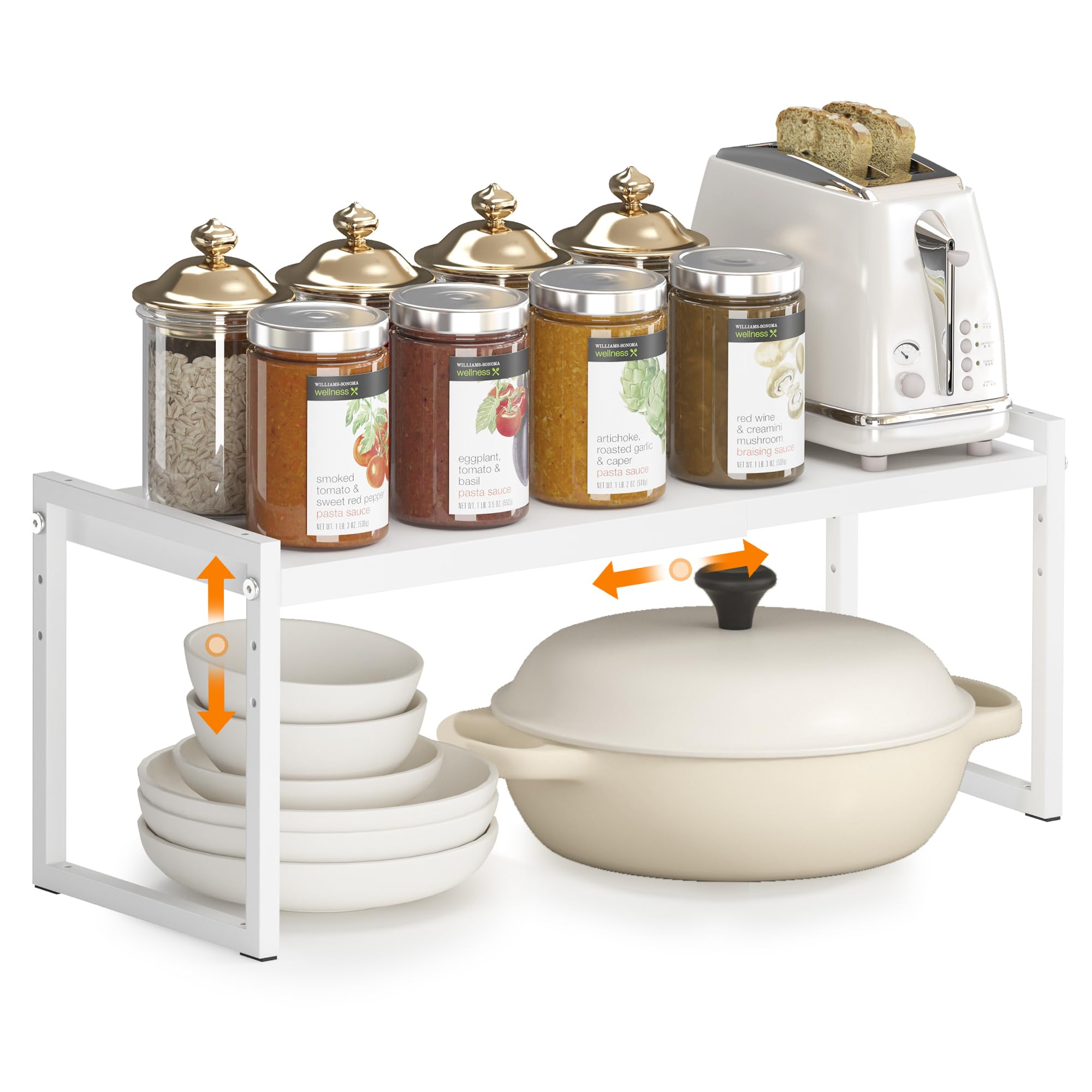 DOLALIKE Expandable Kitchen Countertop Organizer, Stackable Cabinet Shelf Organizers, Space Saving Spice Rack Pantry Storage for Bathroom Office Organization (White, 1-Tier)