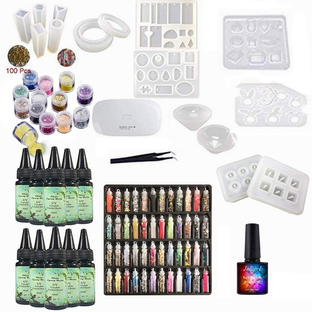 10x30ML Crystal Clear UV Resin Epoxy Transparent with 15 Jewelry Molds 60 Decorations + Portable Lamp + 10ML Top Coat Gel Polish to Add Shine, Resin Kit for Making Earrings Bracelets Necklaces