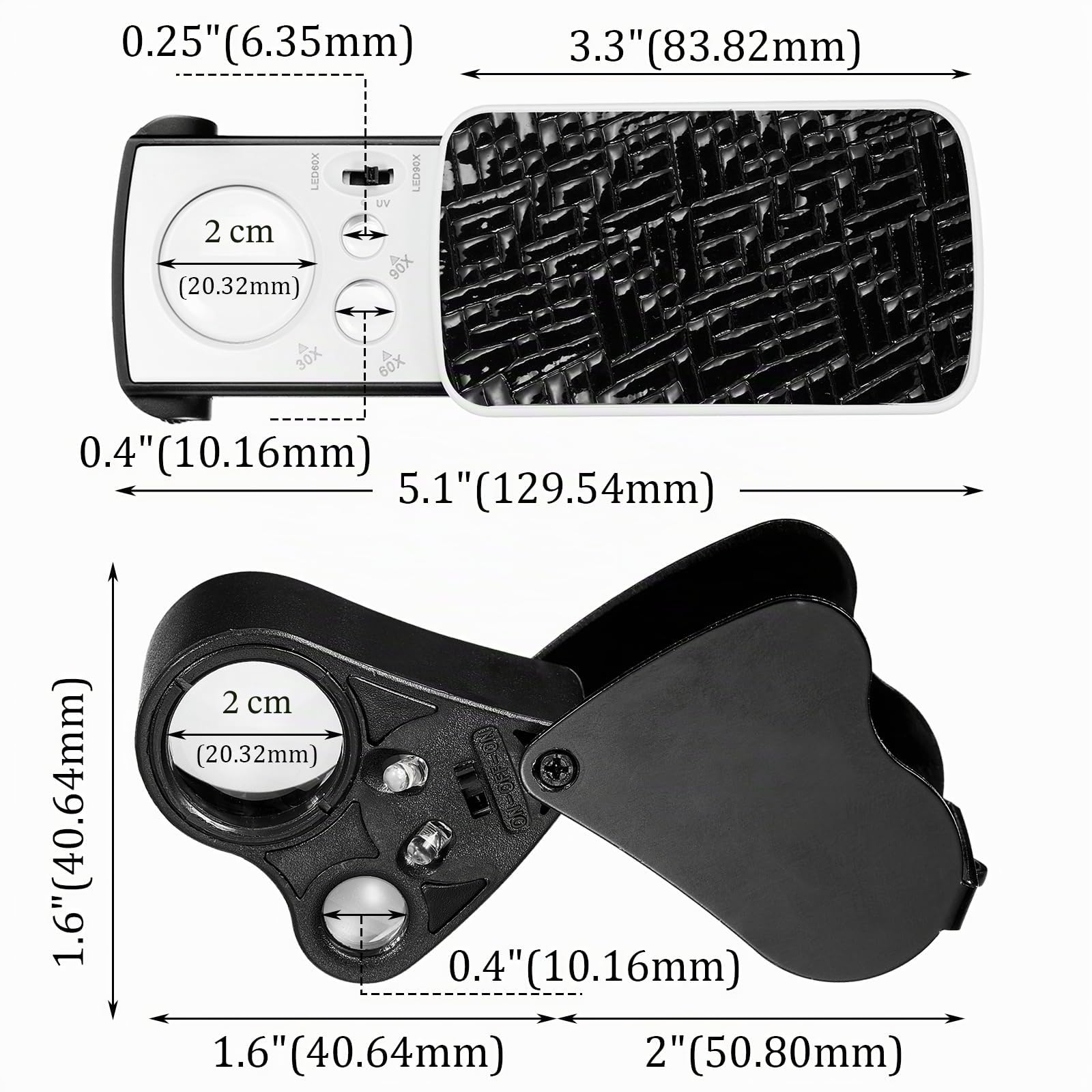 2 Piezas Lupas de Joyeros de 30X 60X 90X Lupa de Ojo de Joyeros Iluminada Lupa de Joyería de Círculo con Luz UV Negro y Luz LED Brillante para Gema Diamante Moneda Sello (Negro)