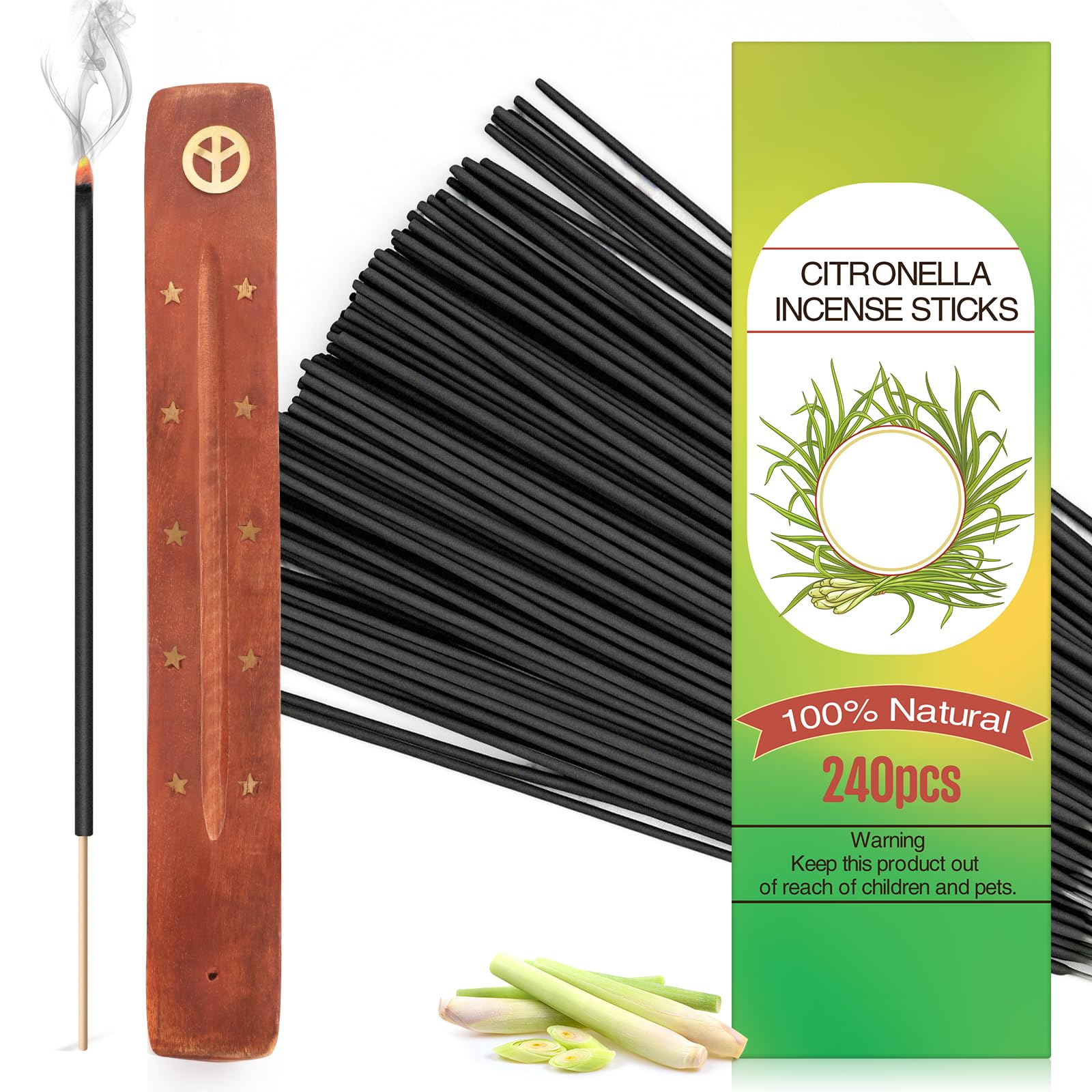 240 Pezzi Incenso Citronella, 200 ore di autonomia Incensi Bastoncini Naturali con porta incenso, Bastoncini di Incenso alla Citronella per Giardino, Barbecue, Campeggio, Picnic